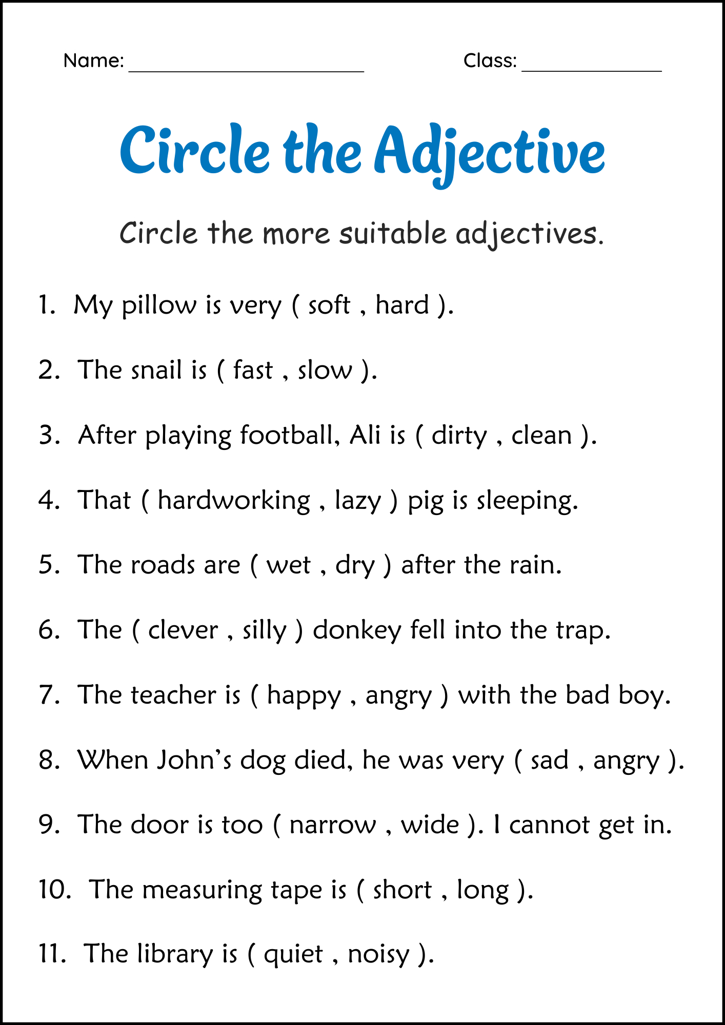 Circle The Adjectives Grammar Worksheets 2Nd And 3Rd Grade in Free Printable Third Grade Grammar Worksheets
