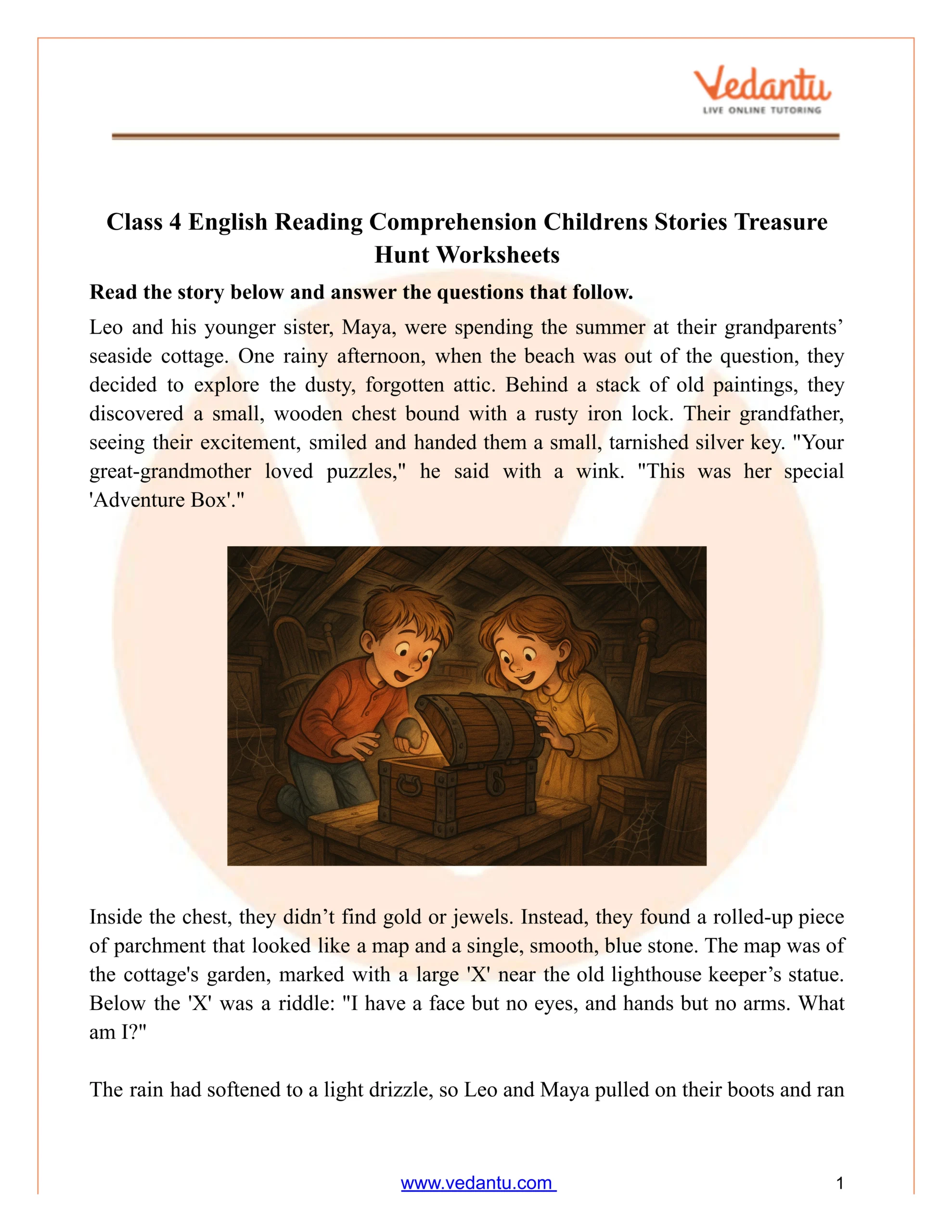 Class 4 Reading Comprehension: Treasure Hunt Story Worksheet Pdf regarding Free Printable Short Stories For 4Th Graders