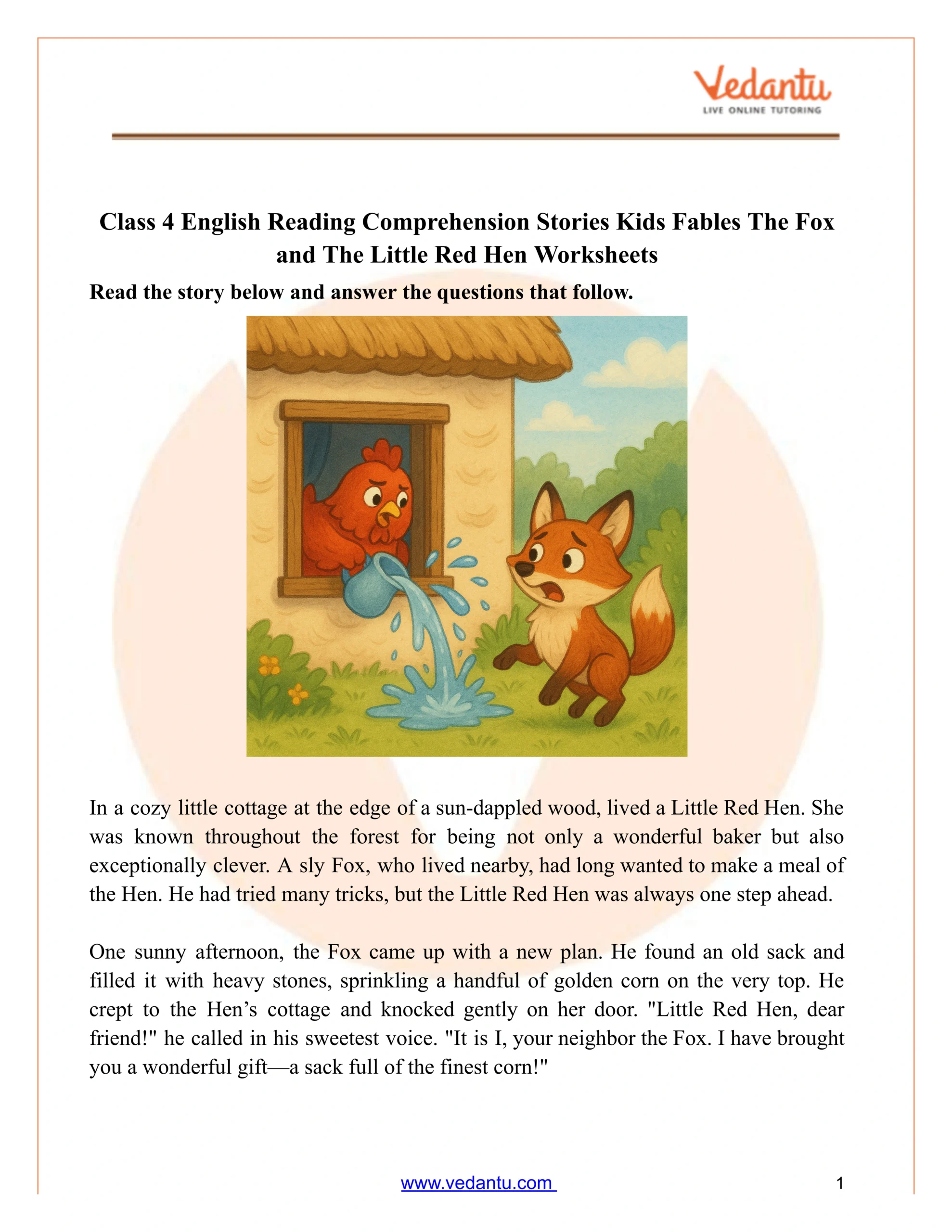 Class 4 Reading Comprehension Worksheet: The Fox And The Little regarding Free Printable Stories For 4Th Graders