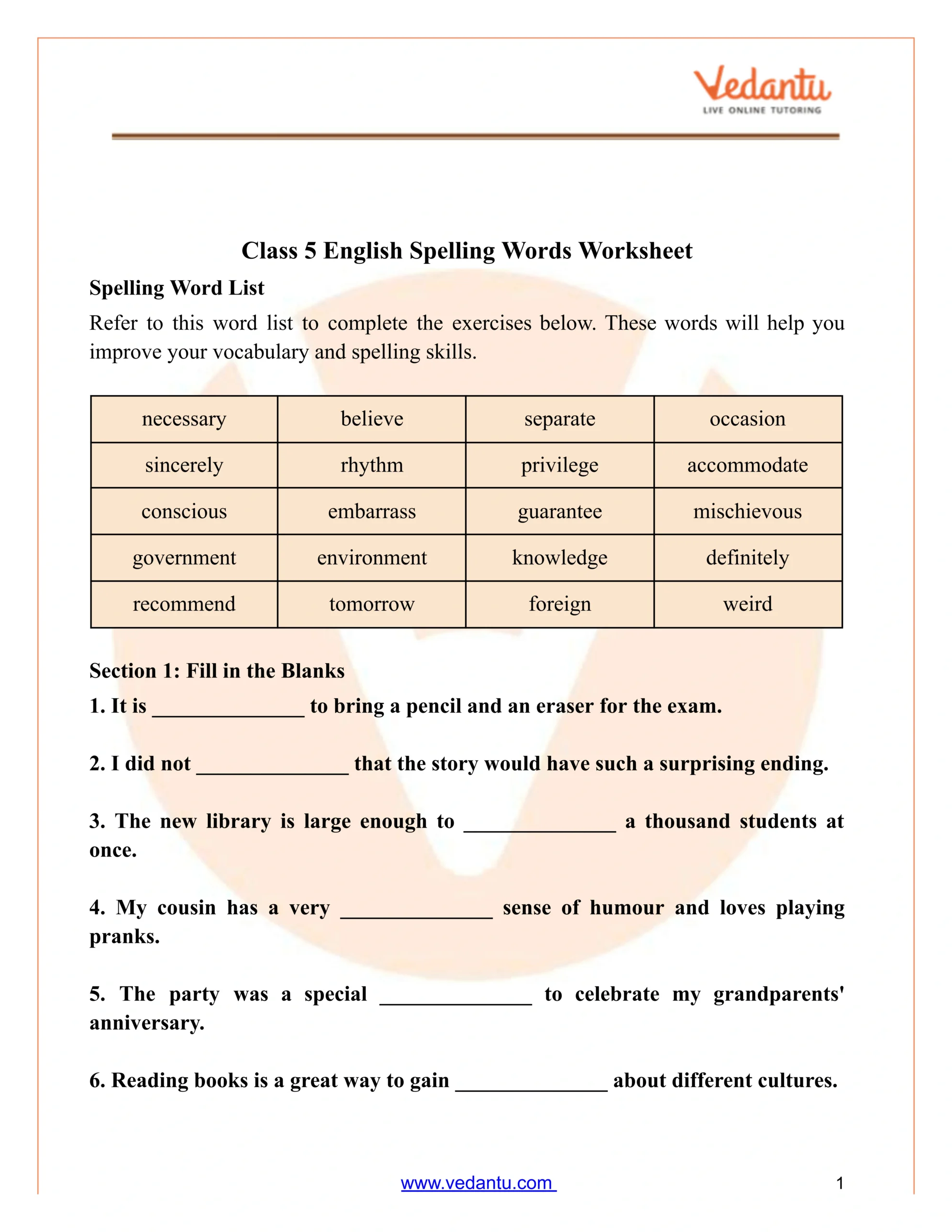 Class 5 Spelling Words Worksheet Pdf | Practice & Answers pertaining to Free Printable Spelling Worksheets For 5Th Grade