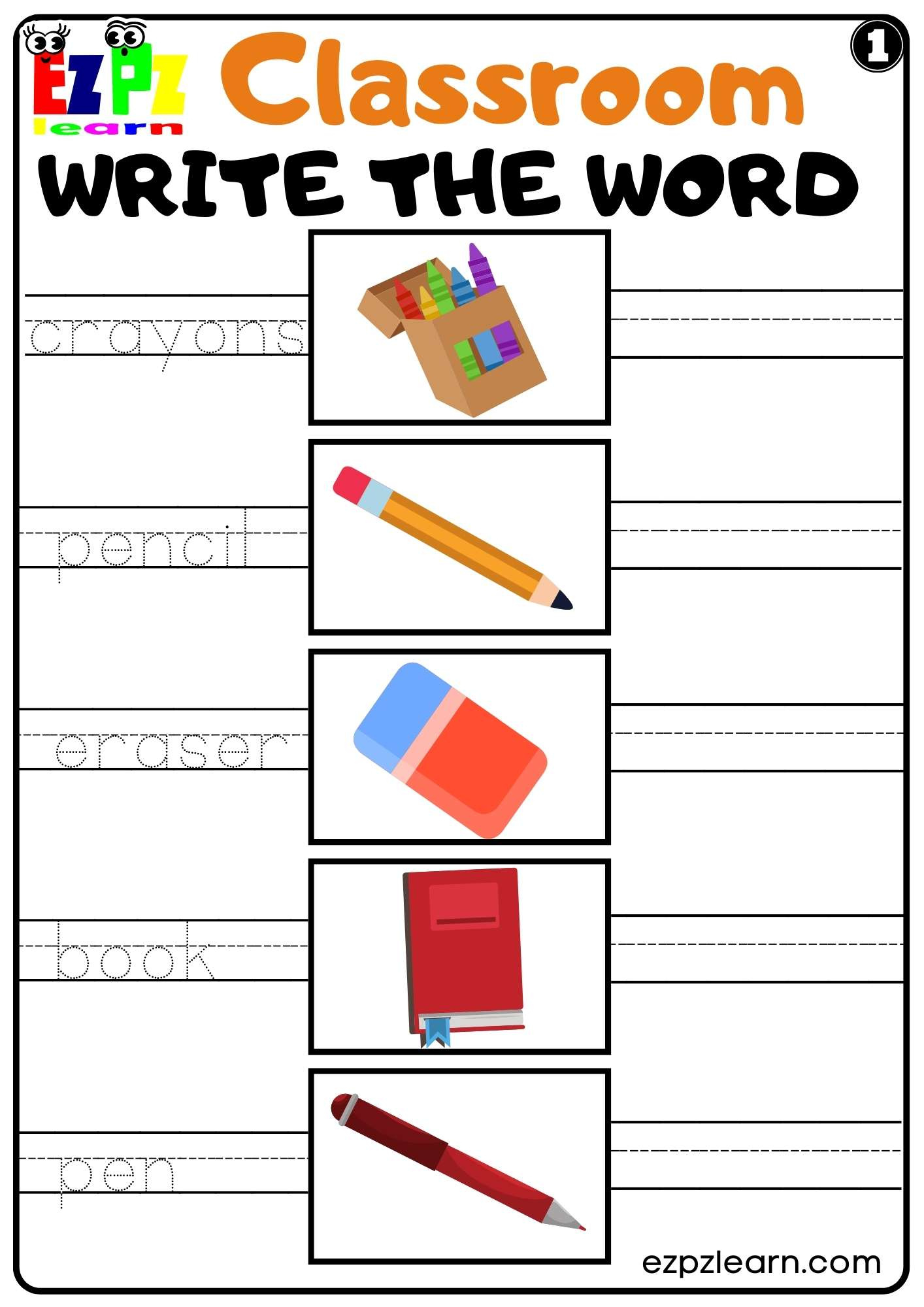 Classroom Objects Write The Word Worksheet Set 1 For Kids pertaining to Free Printable Classroom Worksheets