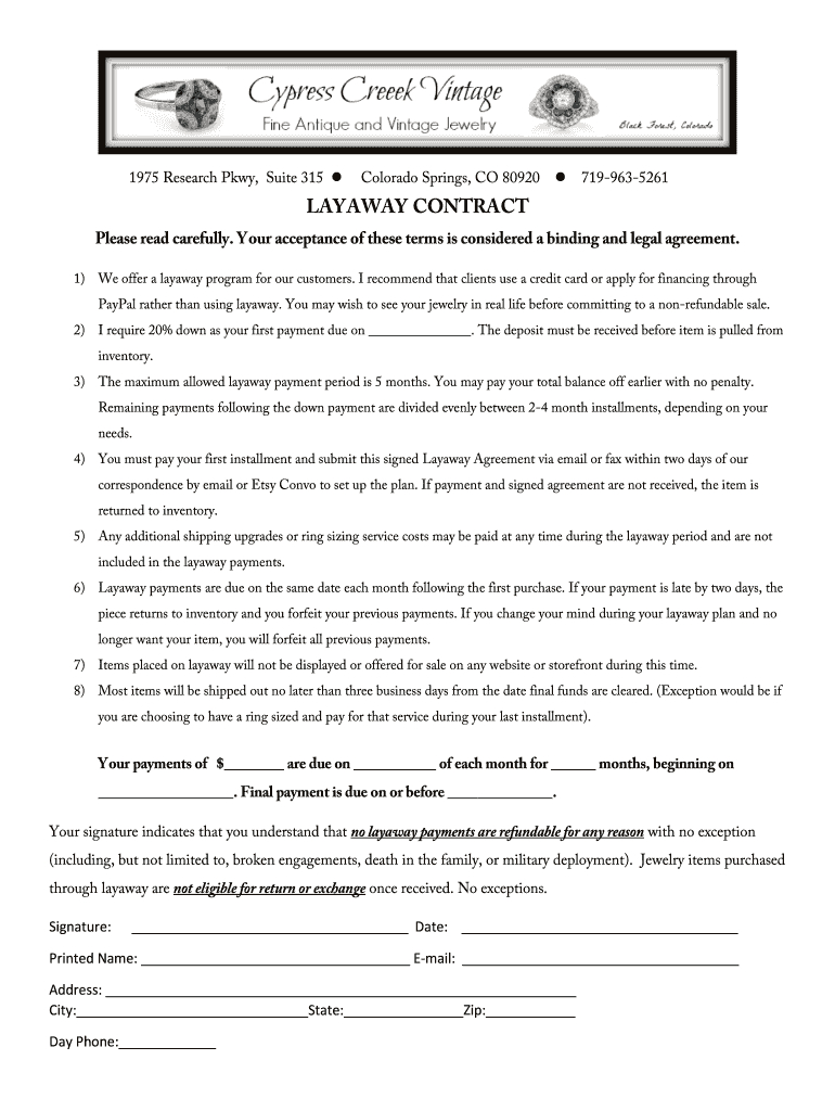 Co Cypress Creek Vintage Layaway Contract Form - Fill Online inside Free Printable Layaway Forms
