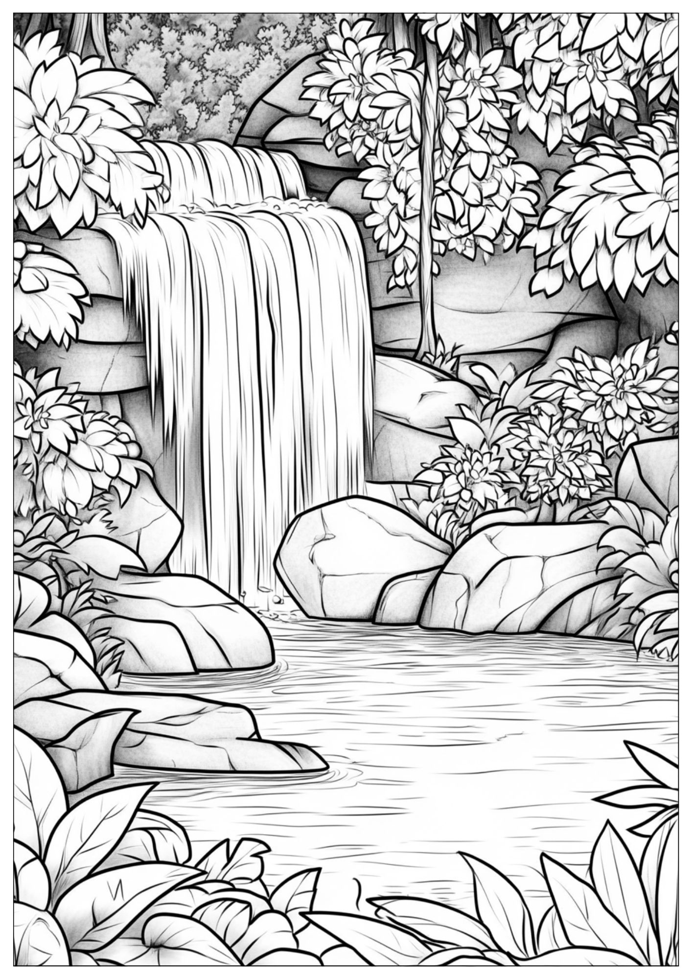 Coloring Page Of A Serene Waterfall In A Lush Jungle within Free Printable Waterfall Coloring Pages