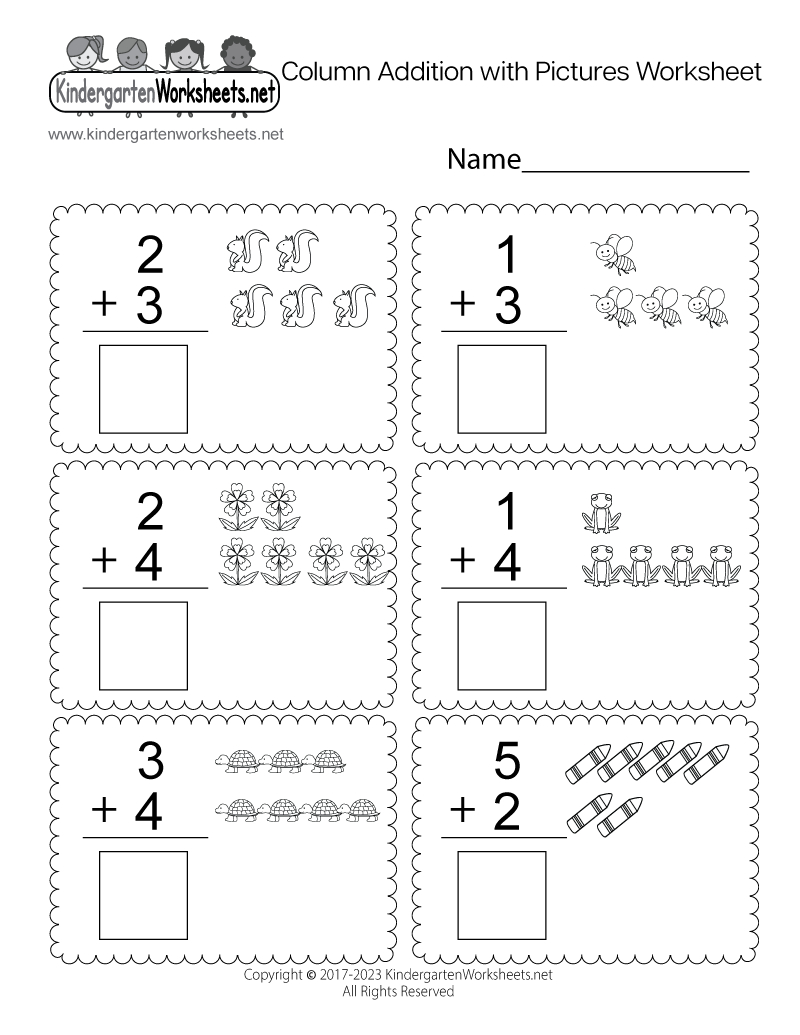 Column Addition With Pictures Worksheet - Free Printable, Digital in Free Printable Math Addition Worksheets For Kindergarten