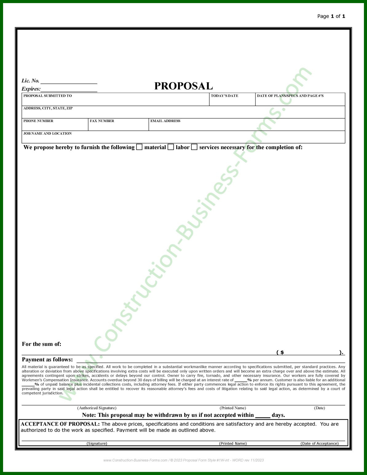 Construction Proposal Bid Template - Style #2 in Free Printable Contractor Proposal Forms