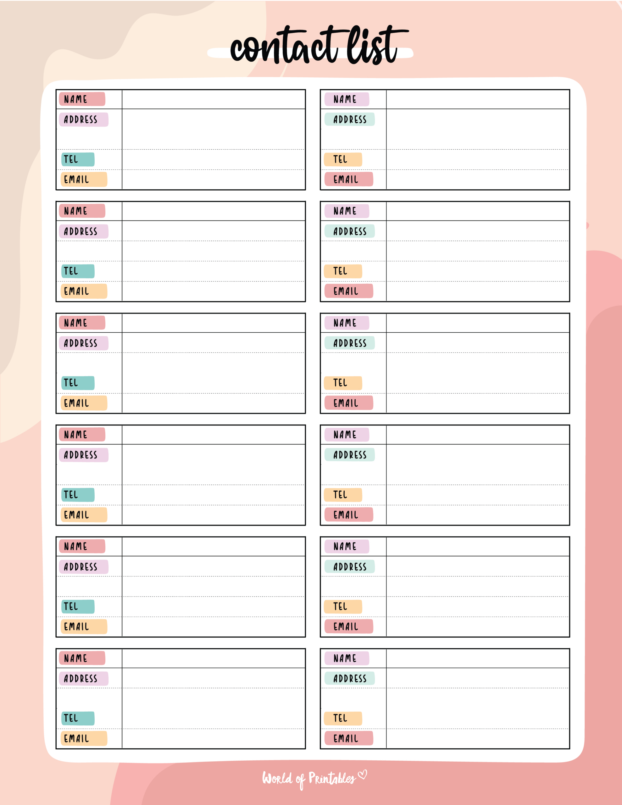 Contact List Templates - 12 Of The Best Styles - World Of Printables for Free Printable Contact List