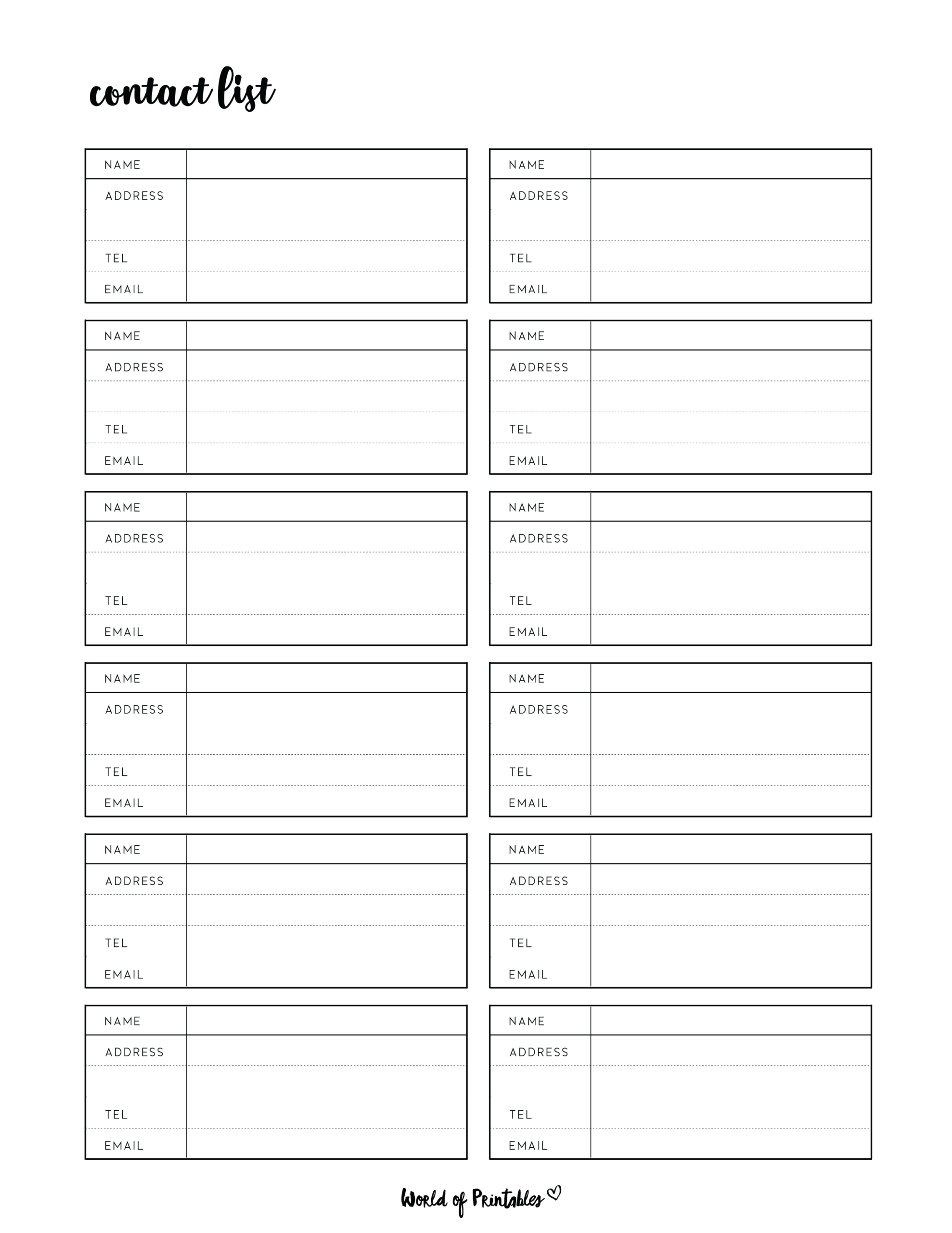 Contact List Templates - 12 Of The Best Styles - World Of Printables regarding Free Printable Contact List