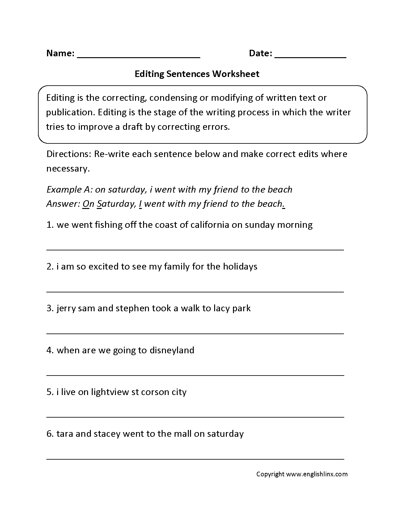 Correct The Sentence! (Capitalization And Punctuation Worksheet in Free Printable Sentence Correction Worksheets