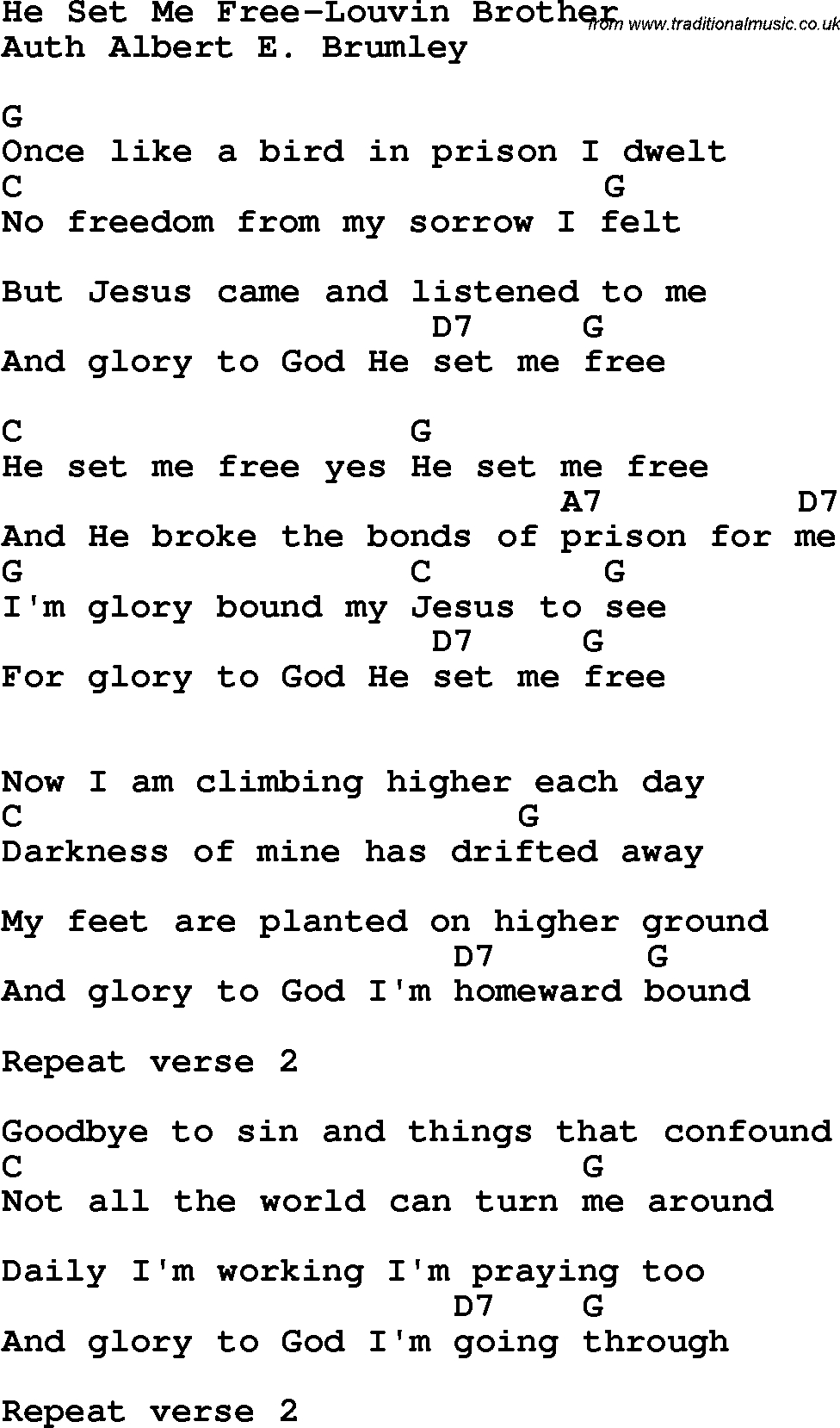 Country, Southern And Bluegrass Gospel Song He Set Me Free-Louvin regarding Free Printable Southern Gospel Song Lyrics