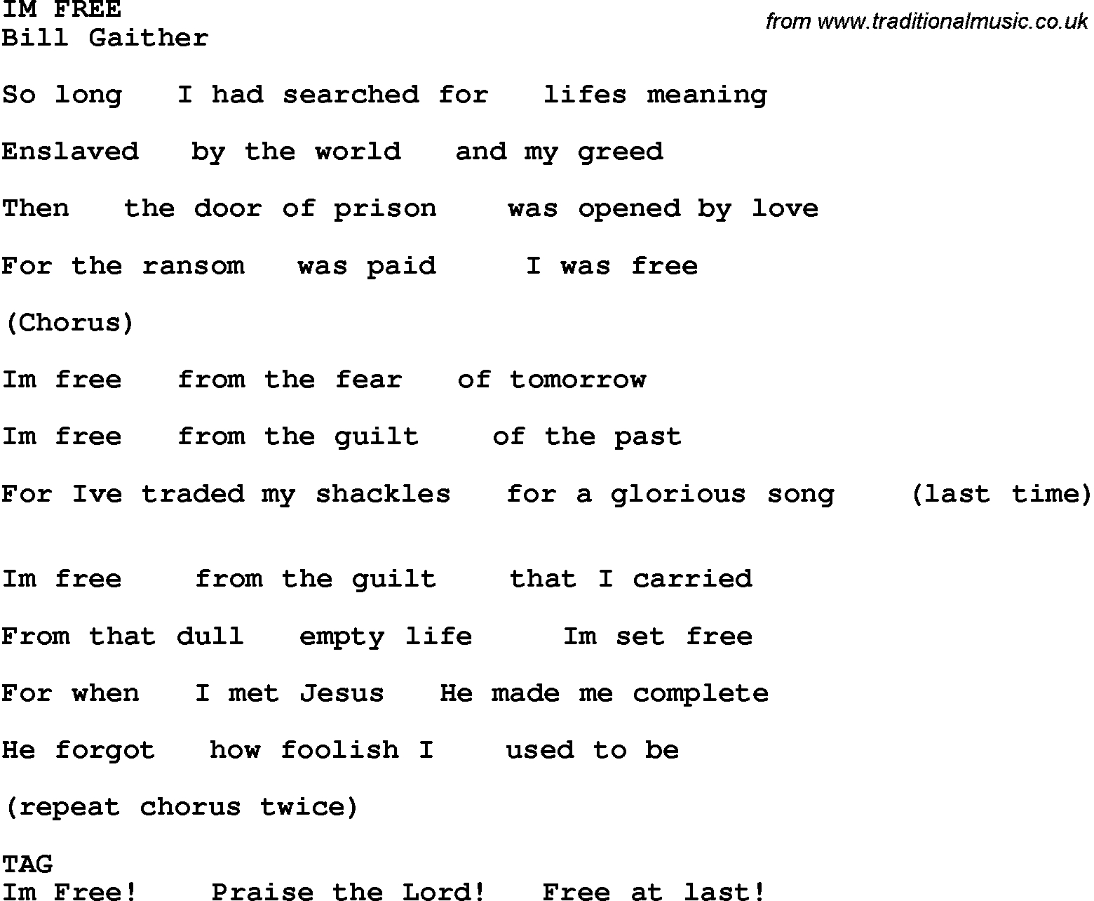 Country, Southern And Bluegrass Gospel Song Im Free Lyrics inside Free Printable Gospel Music Lyrics