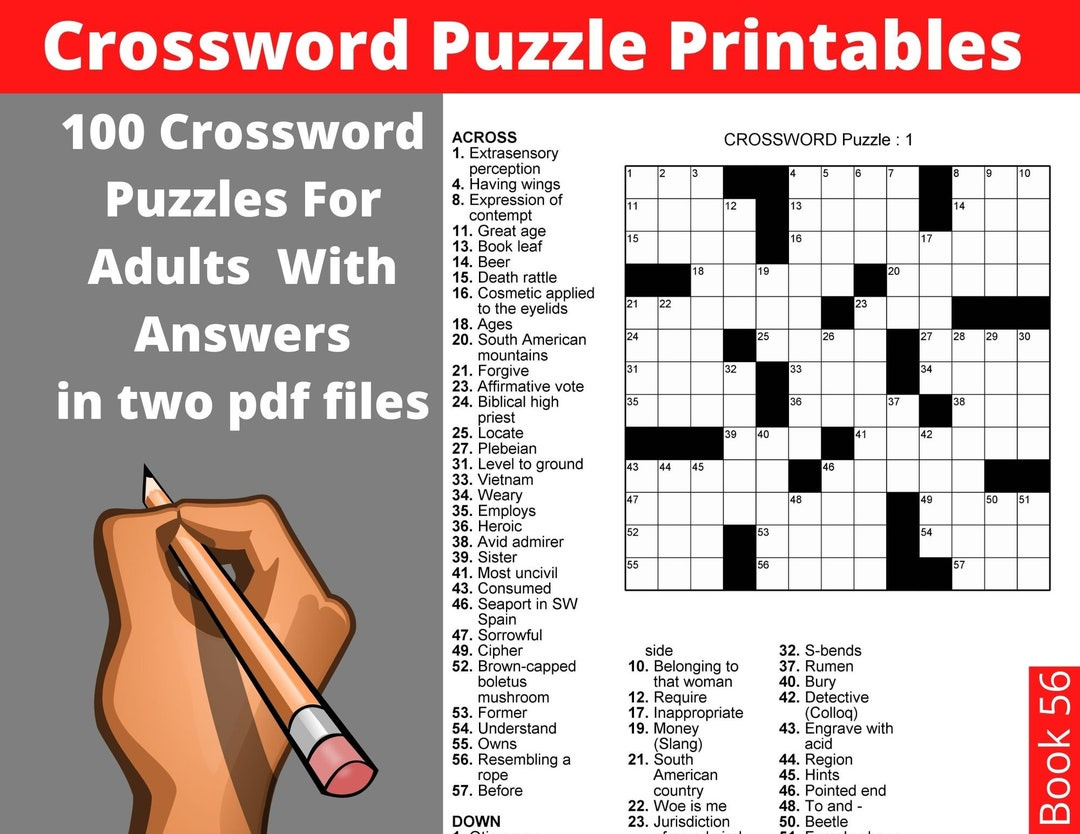 Crossword Puzzle Printables For Adults 100 Crosswords With with regard to Free Printable Crosswords Medium