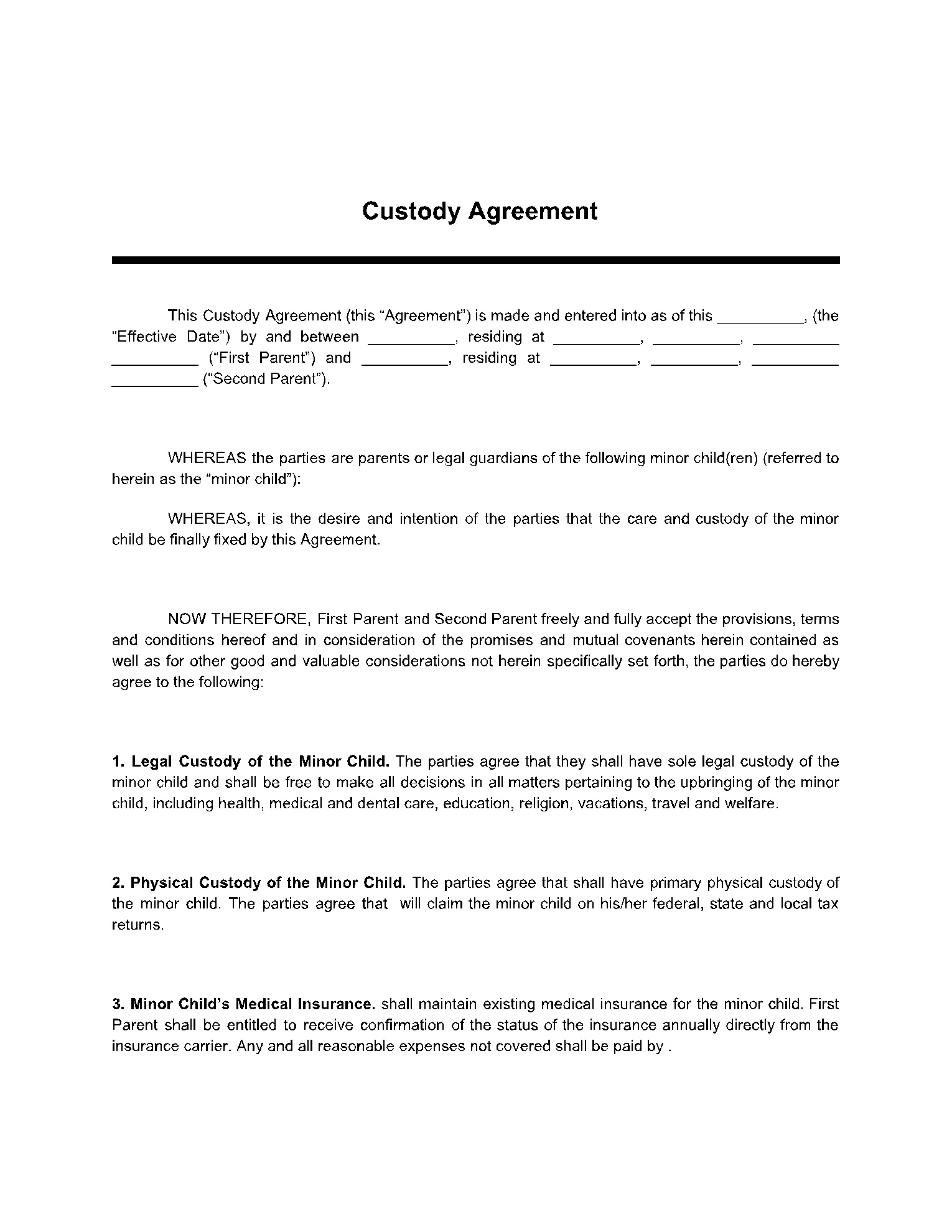 Custody Agreement Template (100% Free) - Cocosign regarding Free Printable Child Custody Papers
