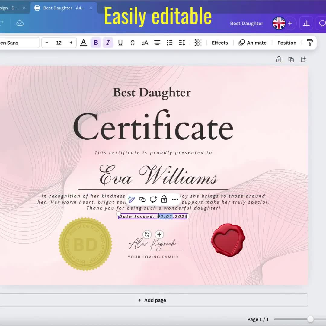 Custom Best Daughter Certificate – Personalized Printable Gift, Thoughtful  Keepsake For Daughter, Birthday Or Special Occasion Gift pertaining to Free Printable Best Daughter Certificate