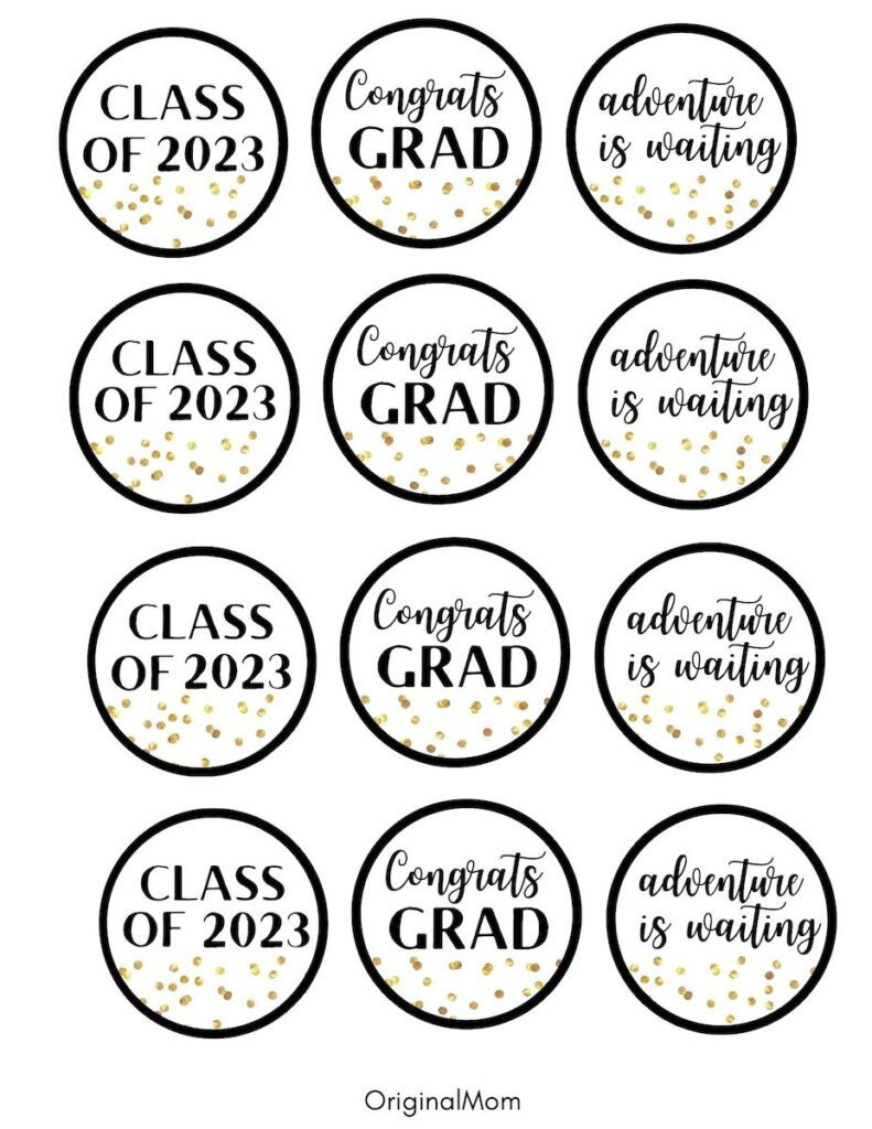Cute Graduation Party Free Printables (Gold And Black) - Originalmom pertaining to Free Printable Graduation Cupcake Toppers