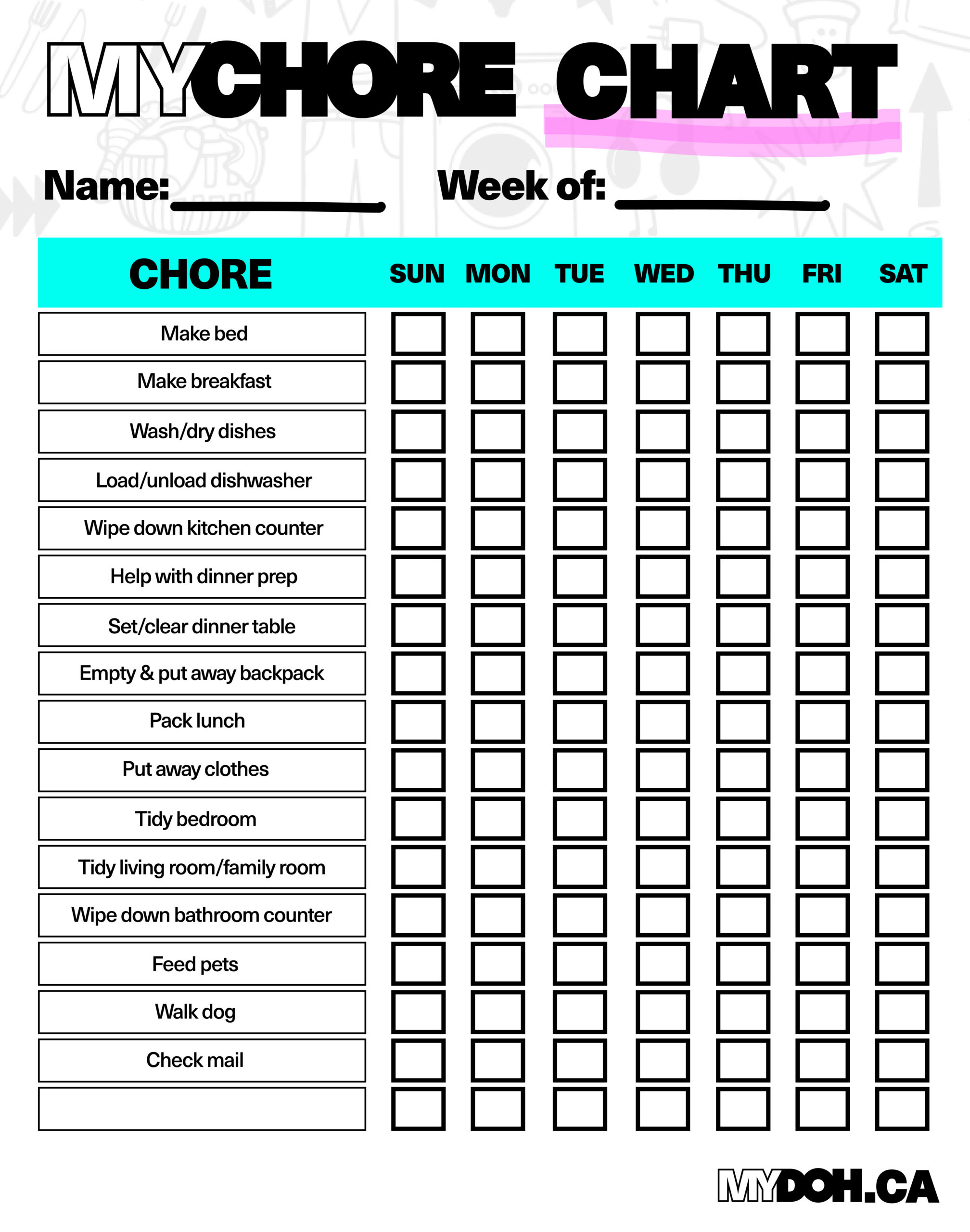 Daily Chores For Teens And Tweens | Mydoh intended for Free Printable Teenage Chore Chart