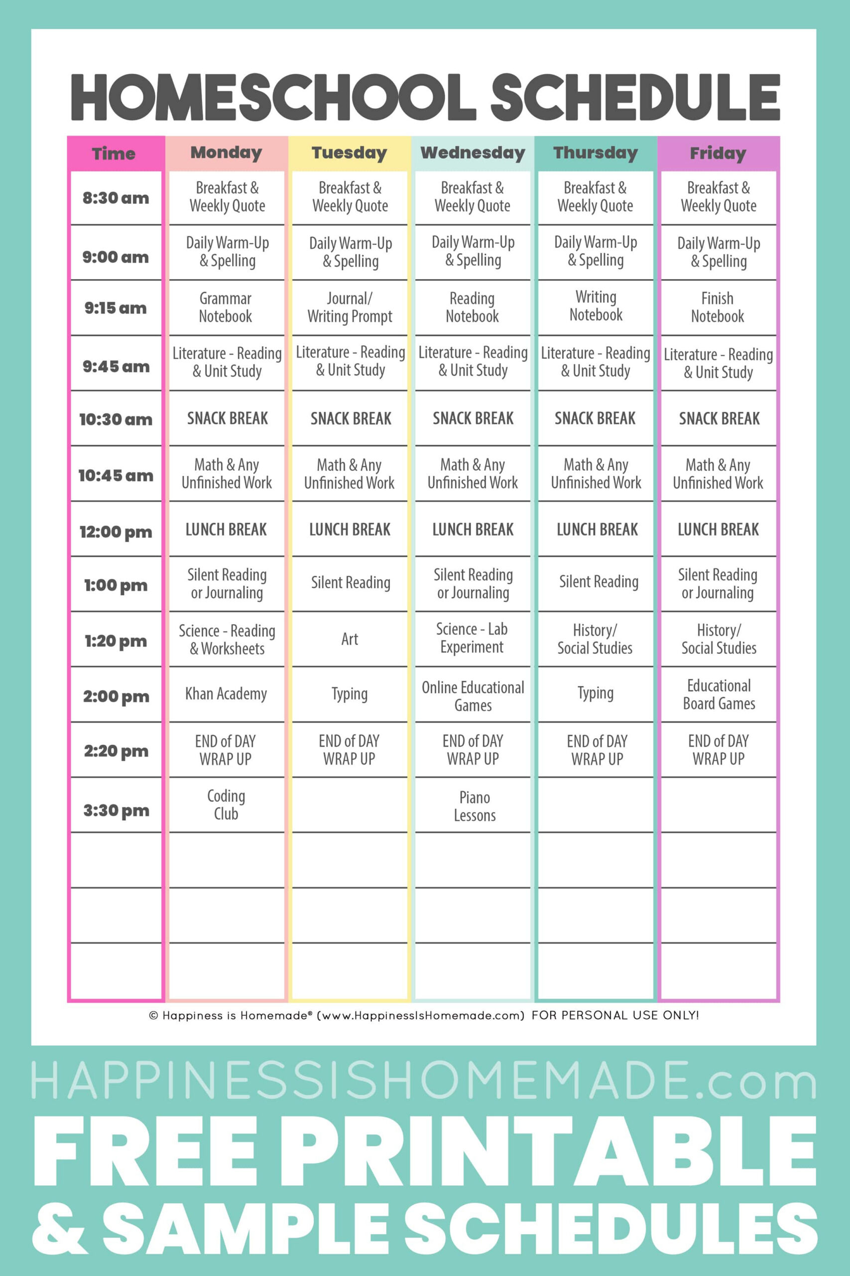 Daily Homeschool Schedule Samples - Happiness Is Homemade for Free Printable Homeschool Curriculum