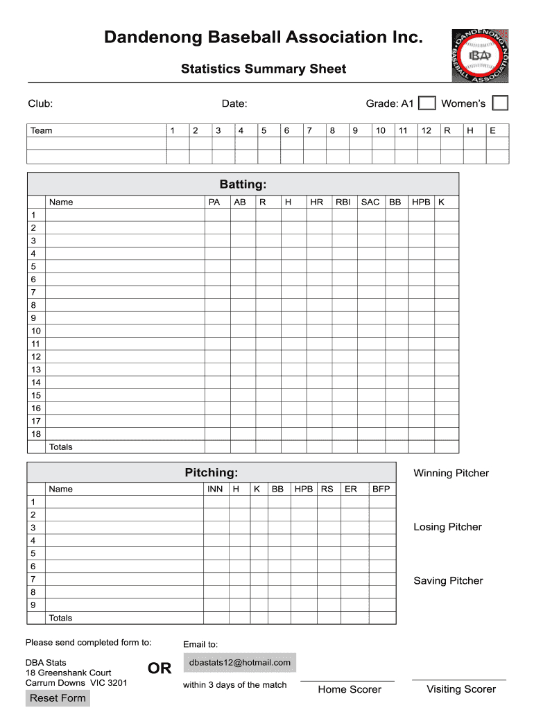Dandenong Baseball Association Statistics Summary Form - Fill regarding Free Printable Softball Stat Sheets