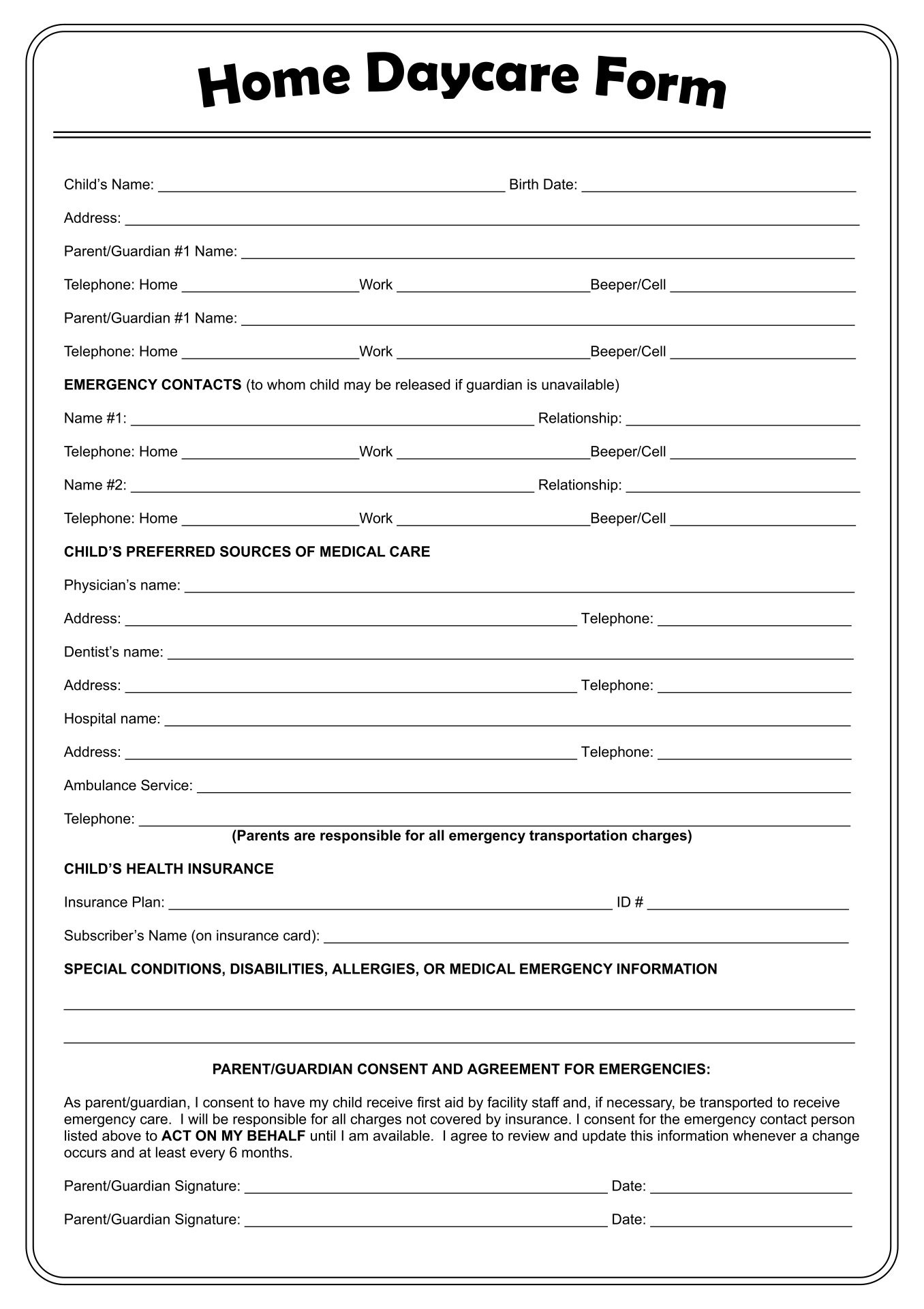 Daycare Free Printables with regard to Free Printable Daycare Forms