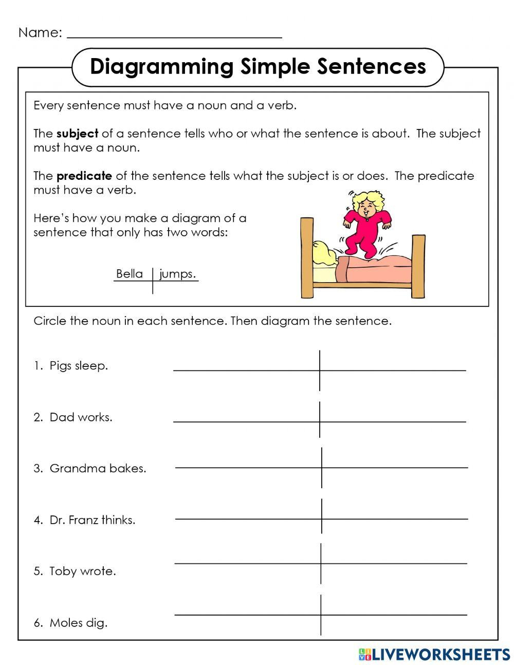 Diagramming Simple Sentences Worksheet | Live Worksheets with Free Printable Sentence Diagramming Worksheets