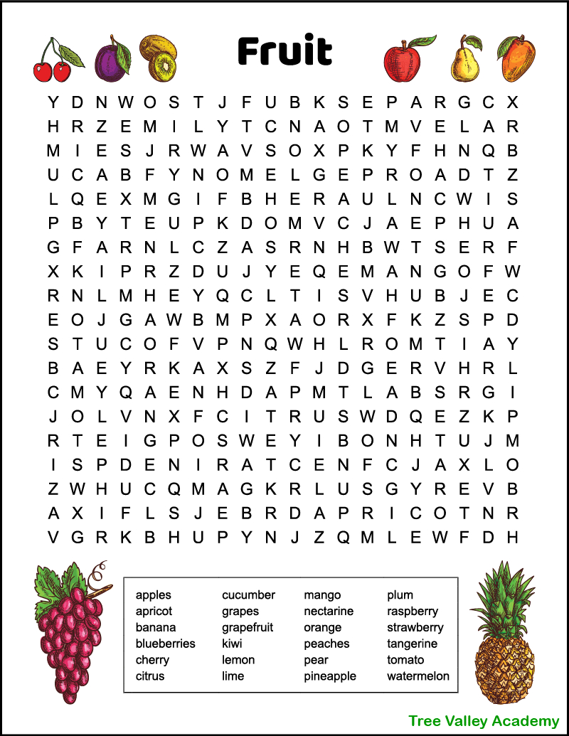 Difficult Fruit Word Search For Kids - Tree Valley Academy with Free Printable Word Finds