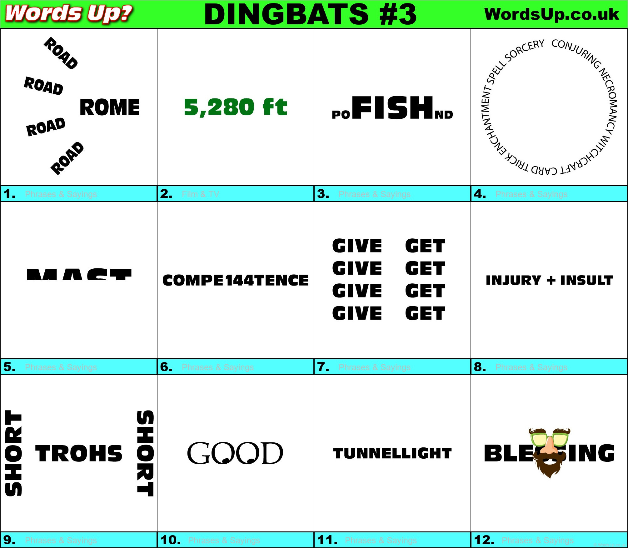 Dingbats Quiz #3 » Find The Answers To Over 730 Dingbats! » Words in Free Printable Dingbats Puzzles