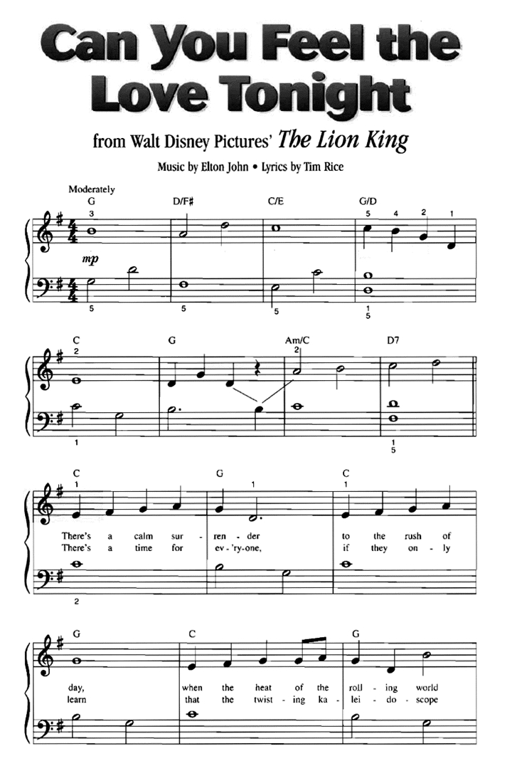 Disney Can You Feel The Love Tonight Easy Piano Sheet Music | Easy pertaining to Free Piano Sheet Music Online Printable Popular Songs