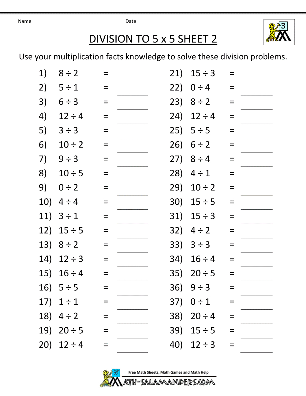 Division Facts Worksheets with Free Printable Division Worksheets