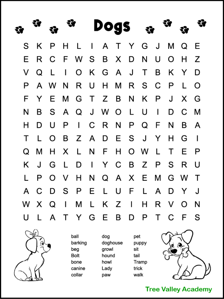 Dog Themed Word Search For Kids - Tree Valley Academy with regard to 2Nd Grade Word Search Free Printable