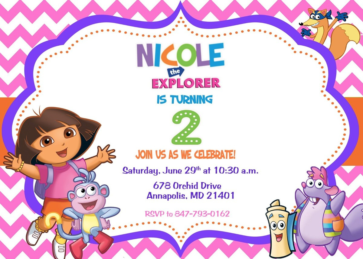 Dora, Dora The Explorer, Birthday Party Invitation within Dora Birthday Cards Free Printable