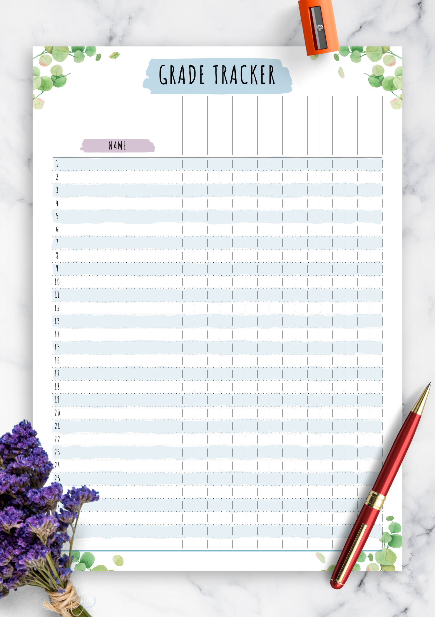 Download Printable Gradebook Template - Floral Style Pdf with regard to Free Printable Gradebook Sheets For Teachers