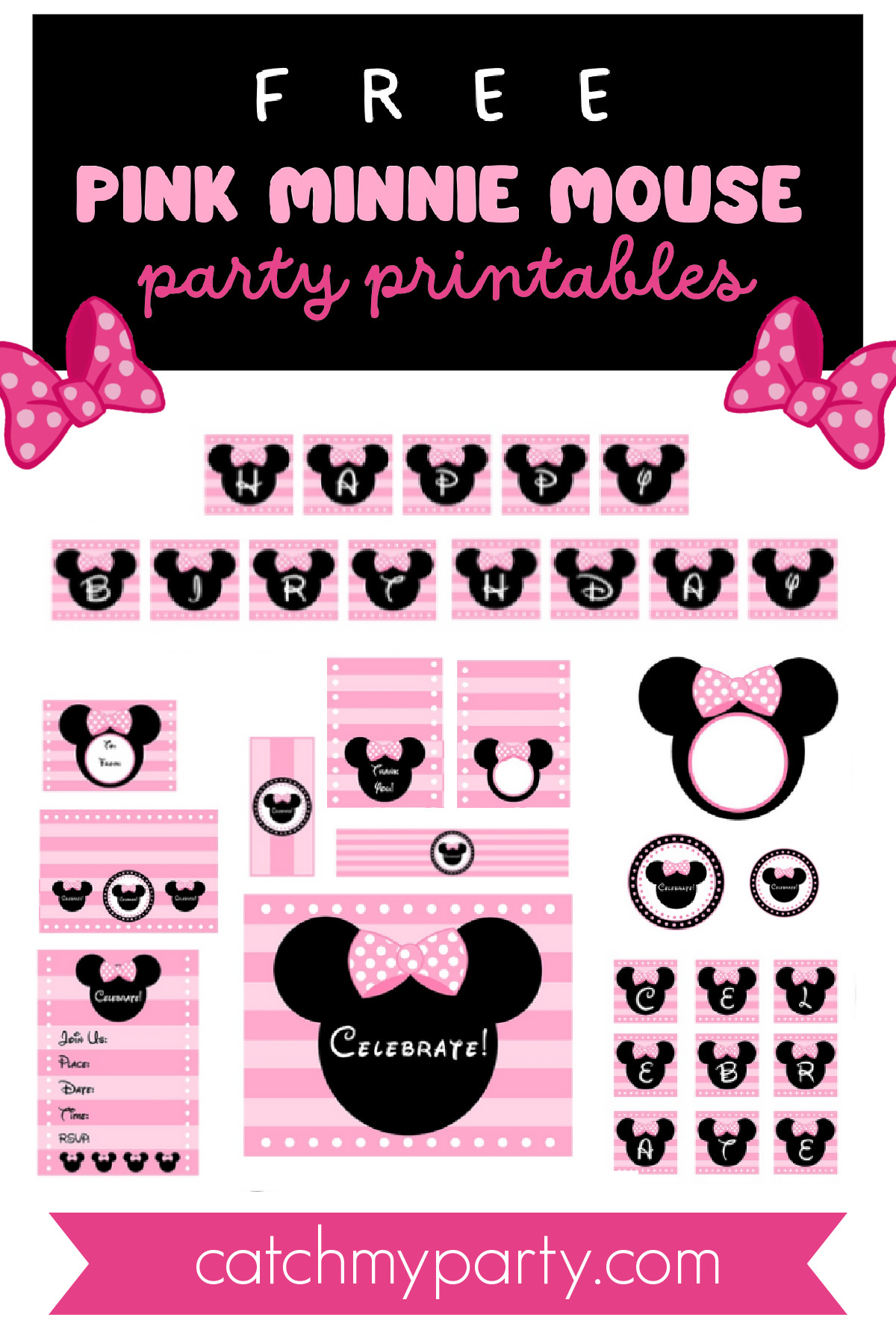 Download These Free Pink Minnie Mouse Party Printables! | Catch My intended for Free Printable Minnie Mouse Birthday Banner