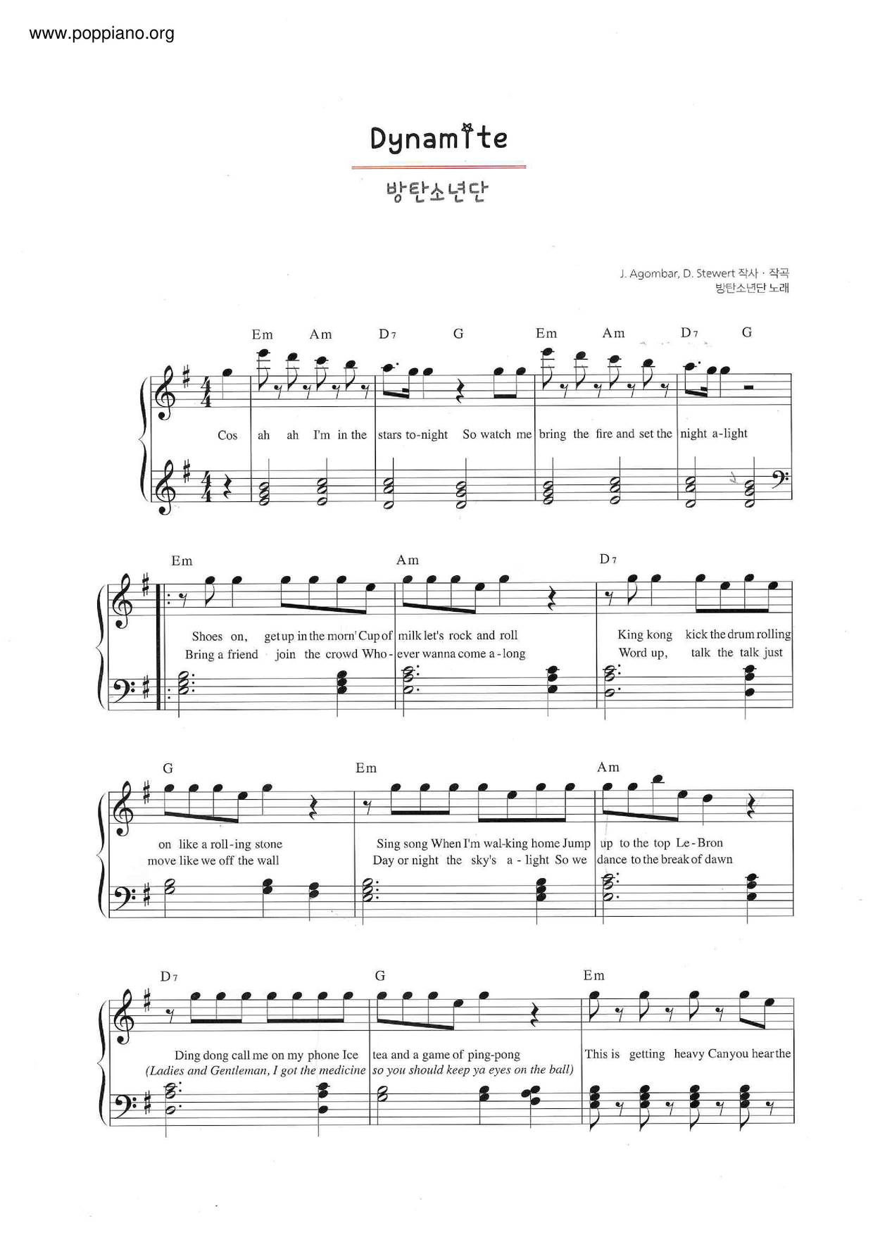 ☆ Bts-Dynamite Sheet Music Pdf, - Free Score Download ☆ throughout Dynamite Piano Sheet Music Free Printable