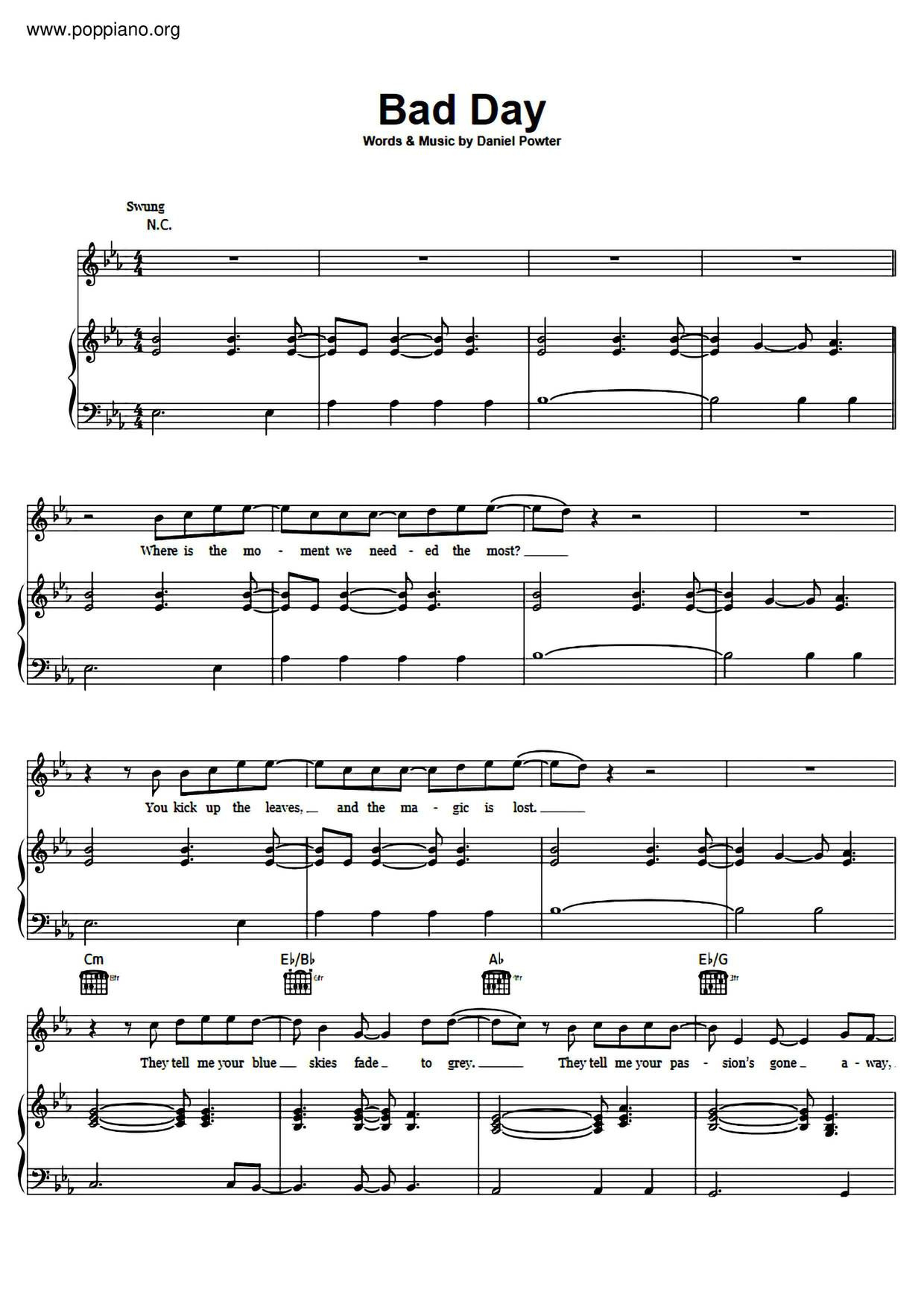 ☆ Daniel Powter-Bad Day Sheet Music Pdf, - Free Score Download ☆ intended for Bad Day Piano Sheet Music Free Printable