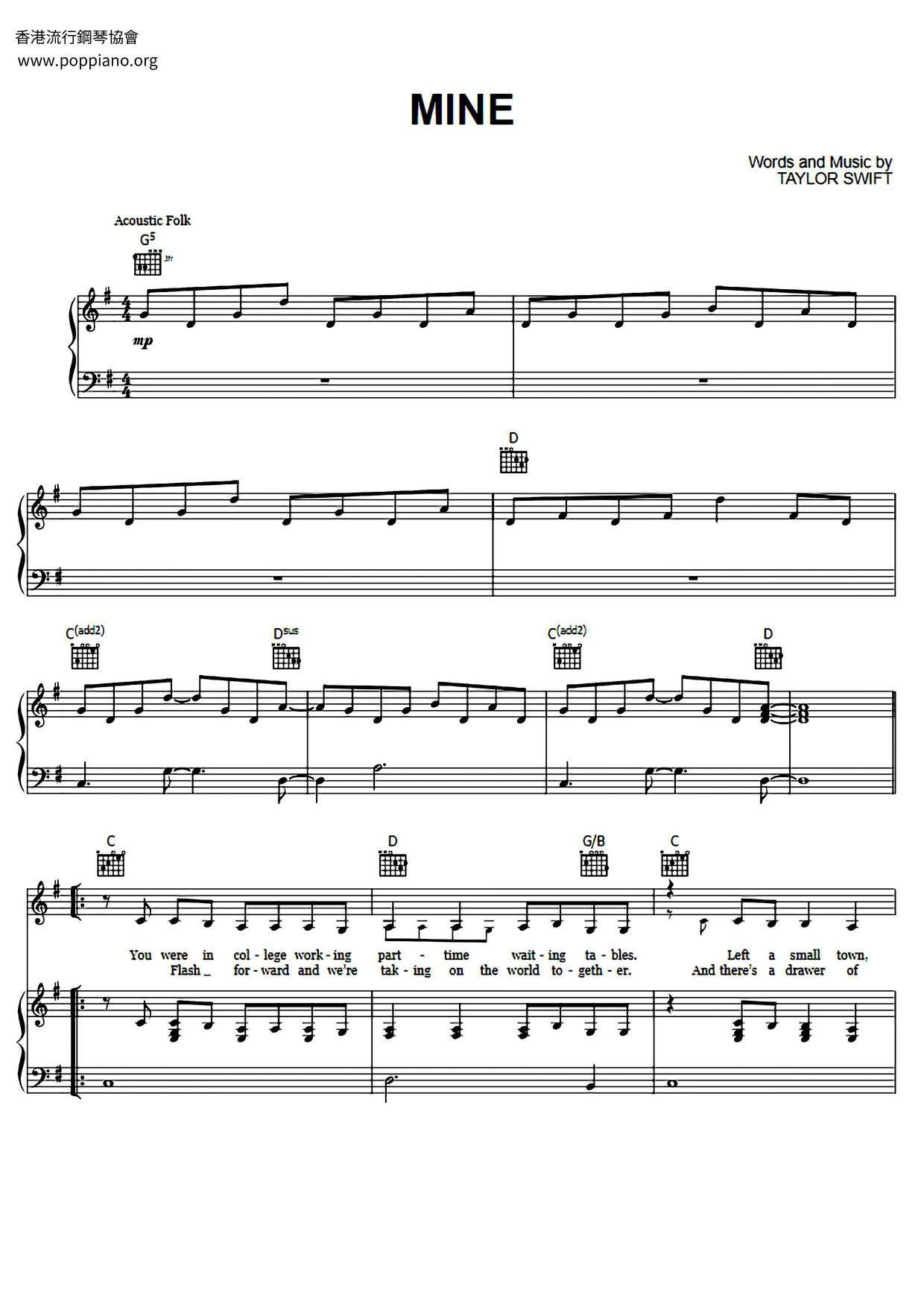 ☆ Mine | Sheet Music | Piano Score Free Pdf Download | Hk Pop inside Taylor Swift Mine Piano Sheet Music Free Printable