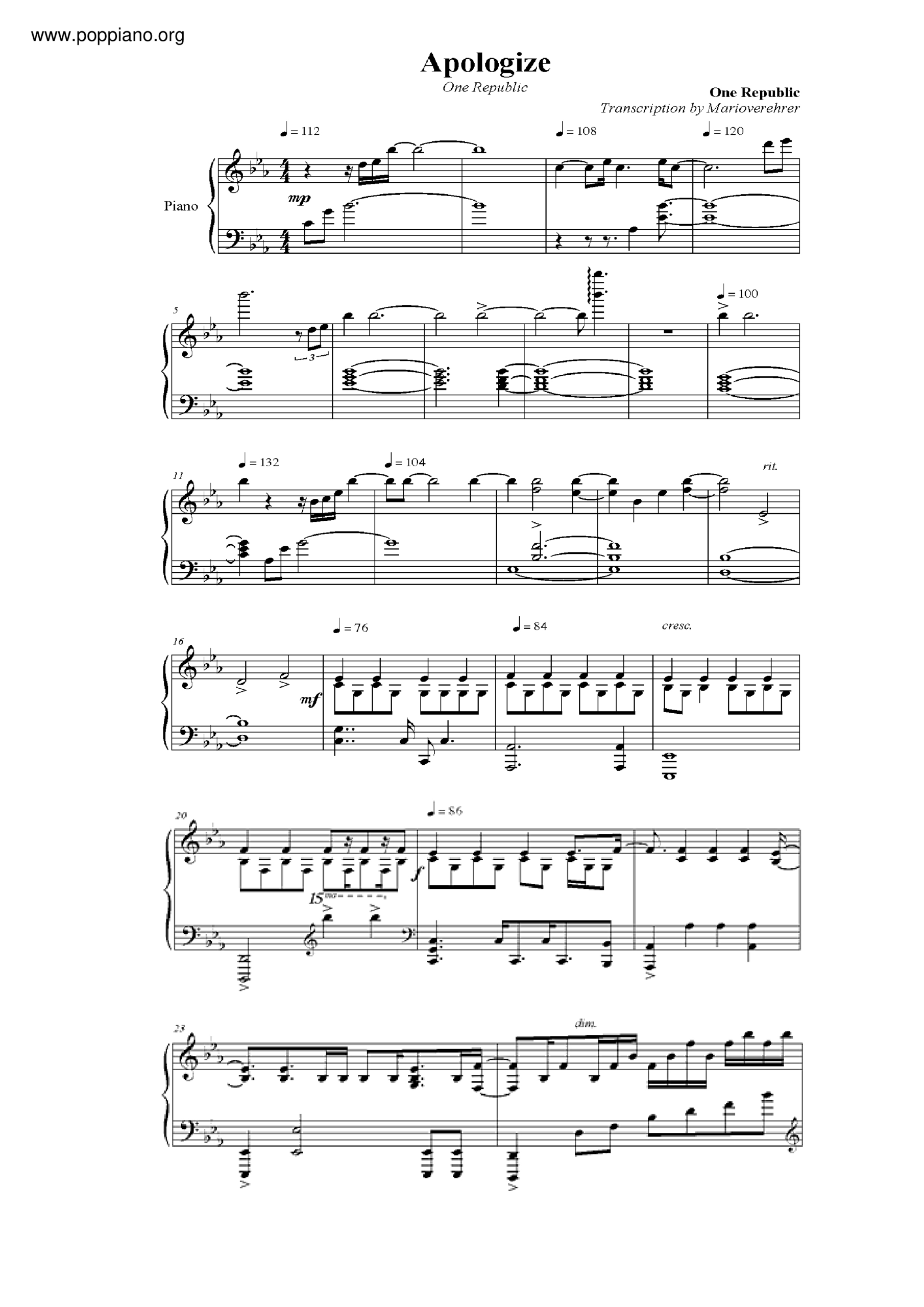 ☆ Onerepublic-Apologize Sheet Music Pdf, - Free Score Download ☆ inside Apologize Piano Sheet Music Free Printable