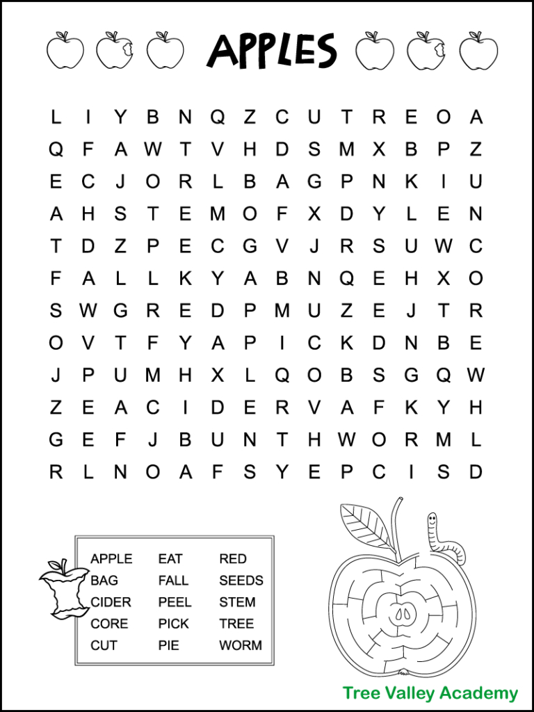 Easy Apple Word Search For Kids - Tree Valley Academy inside 2Nd Grade Word Search Free Printable