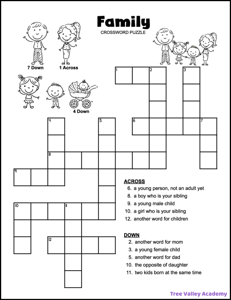 Easy Family Crossword Puzzle - Tree Valley Academy with Free Printable Crossword Puzzles For Kids