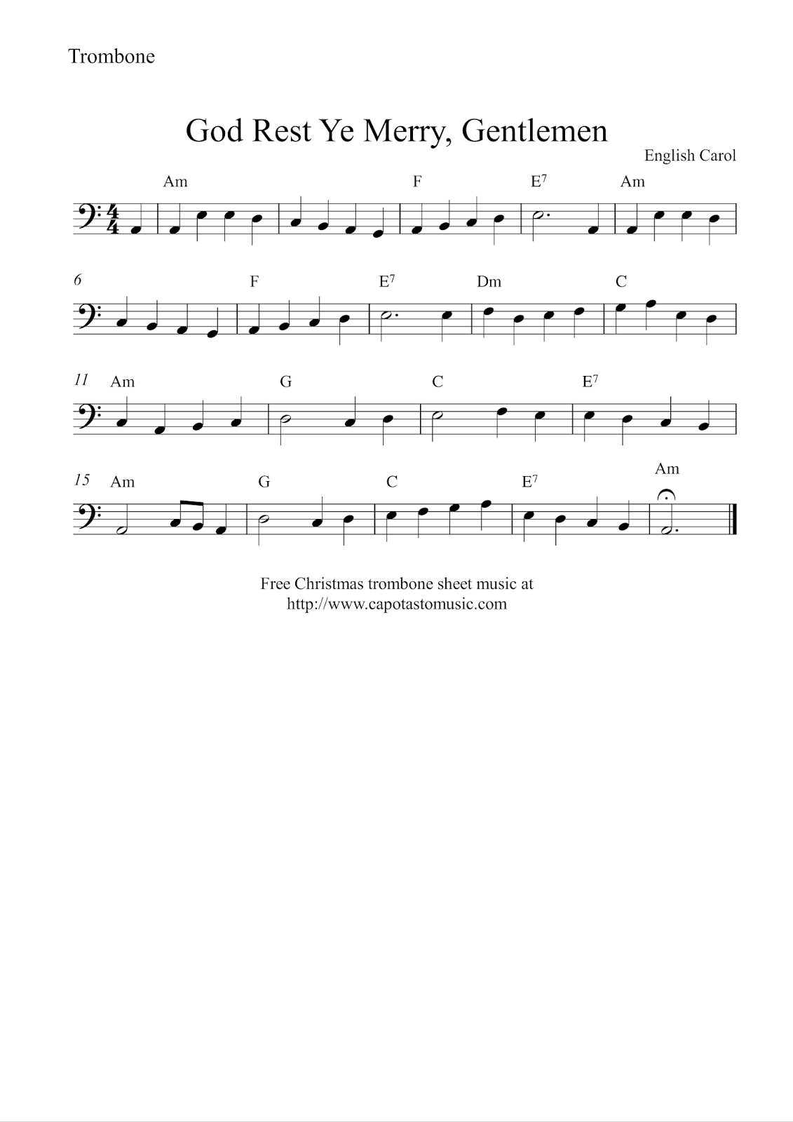 Easy Sheet Music For Beginners: Free Easy Christmas Trombone Sheet within Trombone Christmas Sheet Music Free Printable