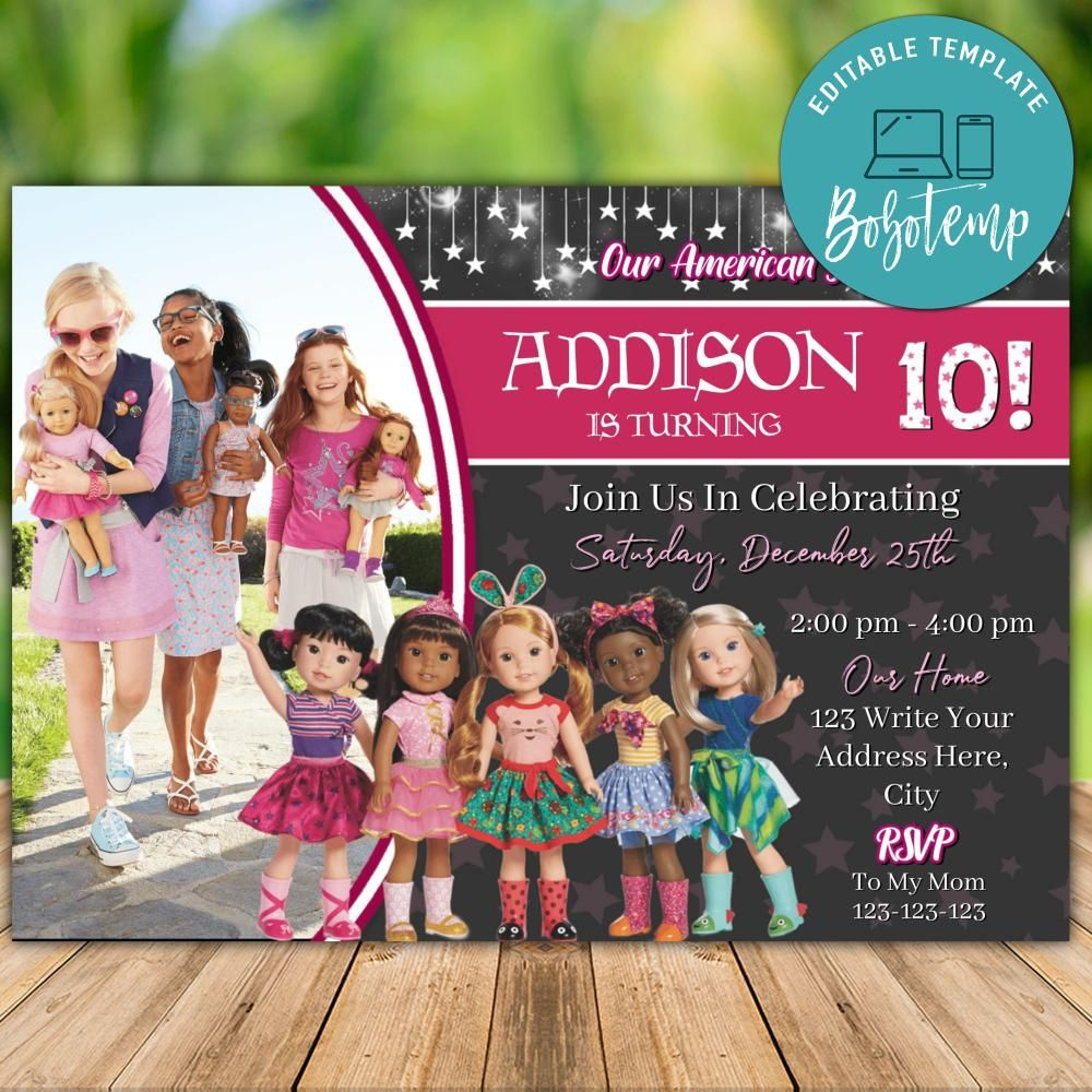 Editable American Girl Doll Birthday Invitation Instant Download within American Girl Party Invitations Free Printable