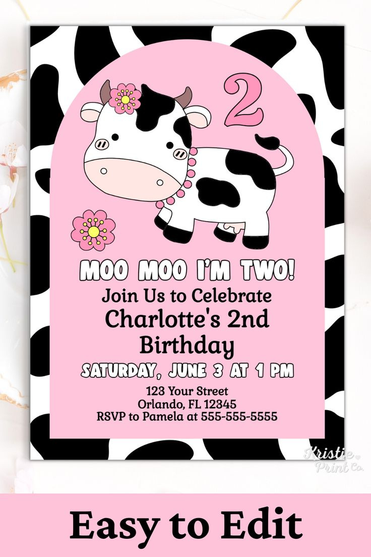 Editable Cow Birthday Invitation Moo Moo I'M Two Party Farm inside Free Printable Cow Birthday Invitations