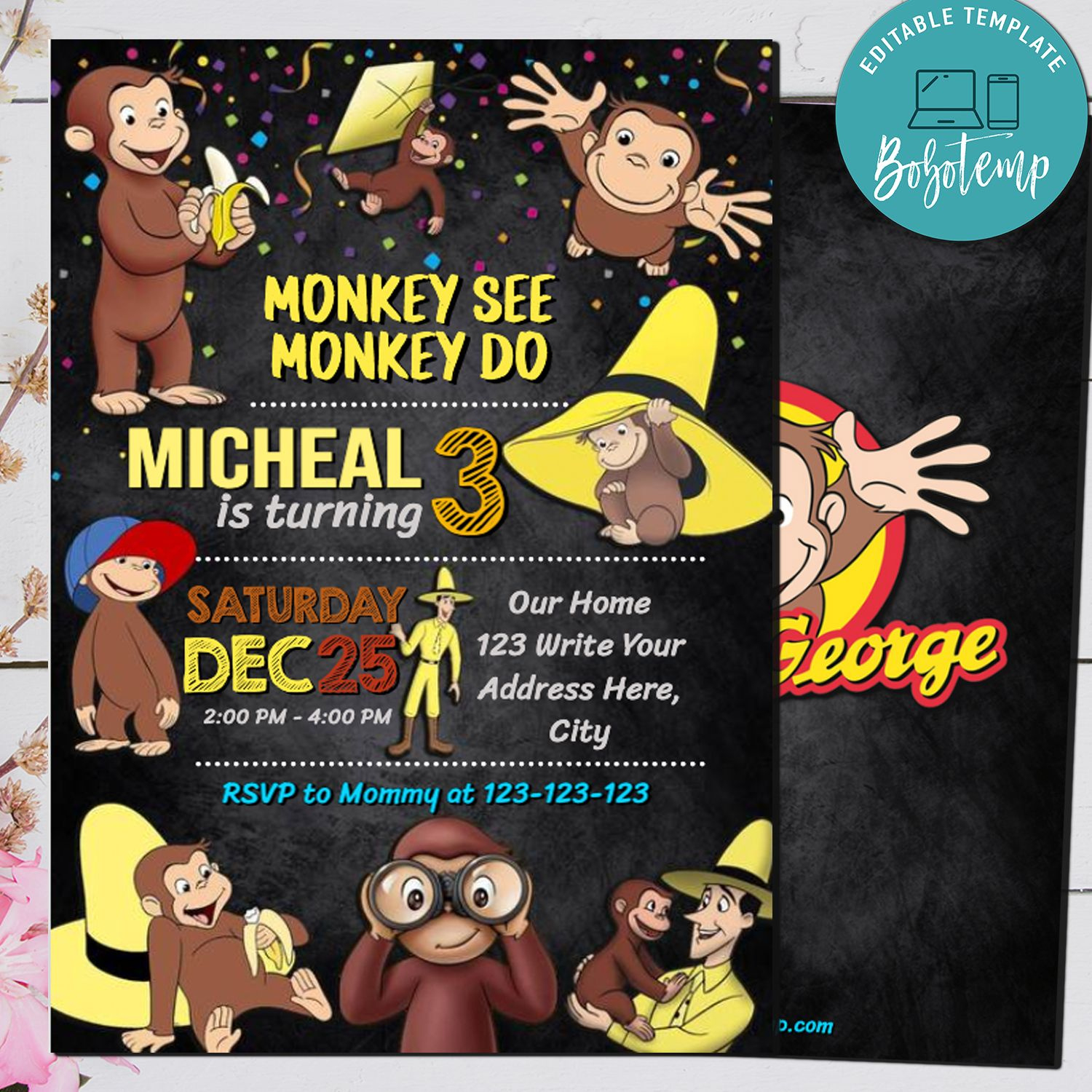 Editable Curious George Birthday Invitations Digital File | Bobotemp for Free Printable Curious George Invitations