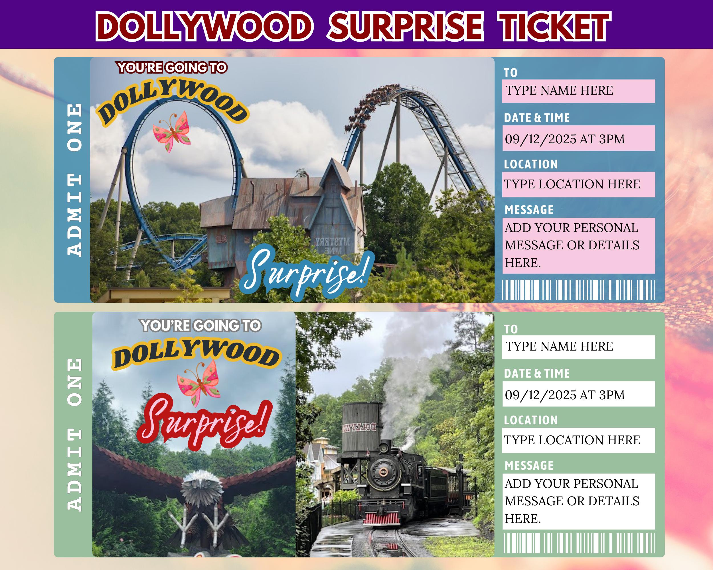 Editable Dollywood Trip Reveal Ticket: Surprise Vacation Gift with Free Printable Dollywood Coupons