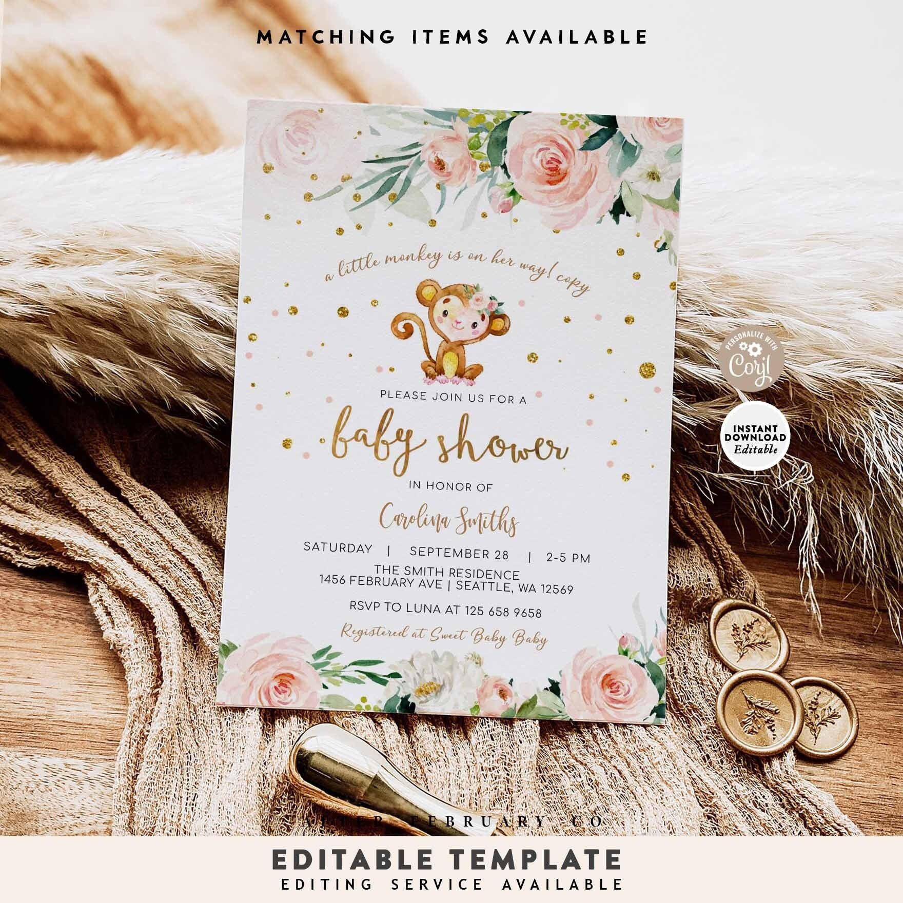 Editable Monkey Baby Shower Girl Blush Pink Floral Baby Shower for Free Printable Monkey Girl Baby Shower Invitations