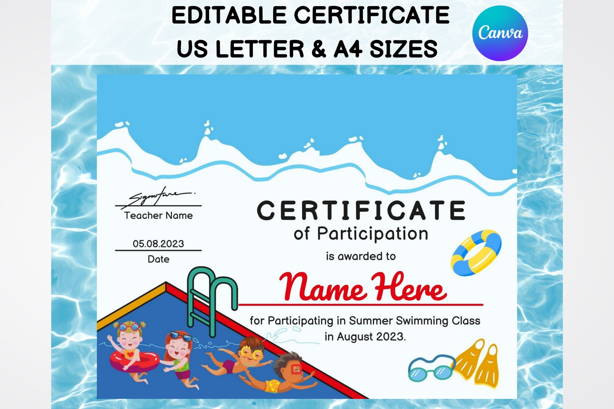 Editable Swimming Certificate Template, Kids Sports Diploma pertaining to Free Printable Swimming Certificates For Kids