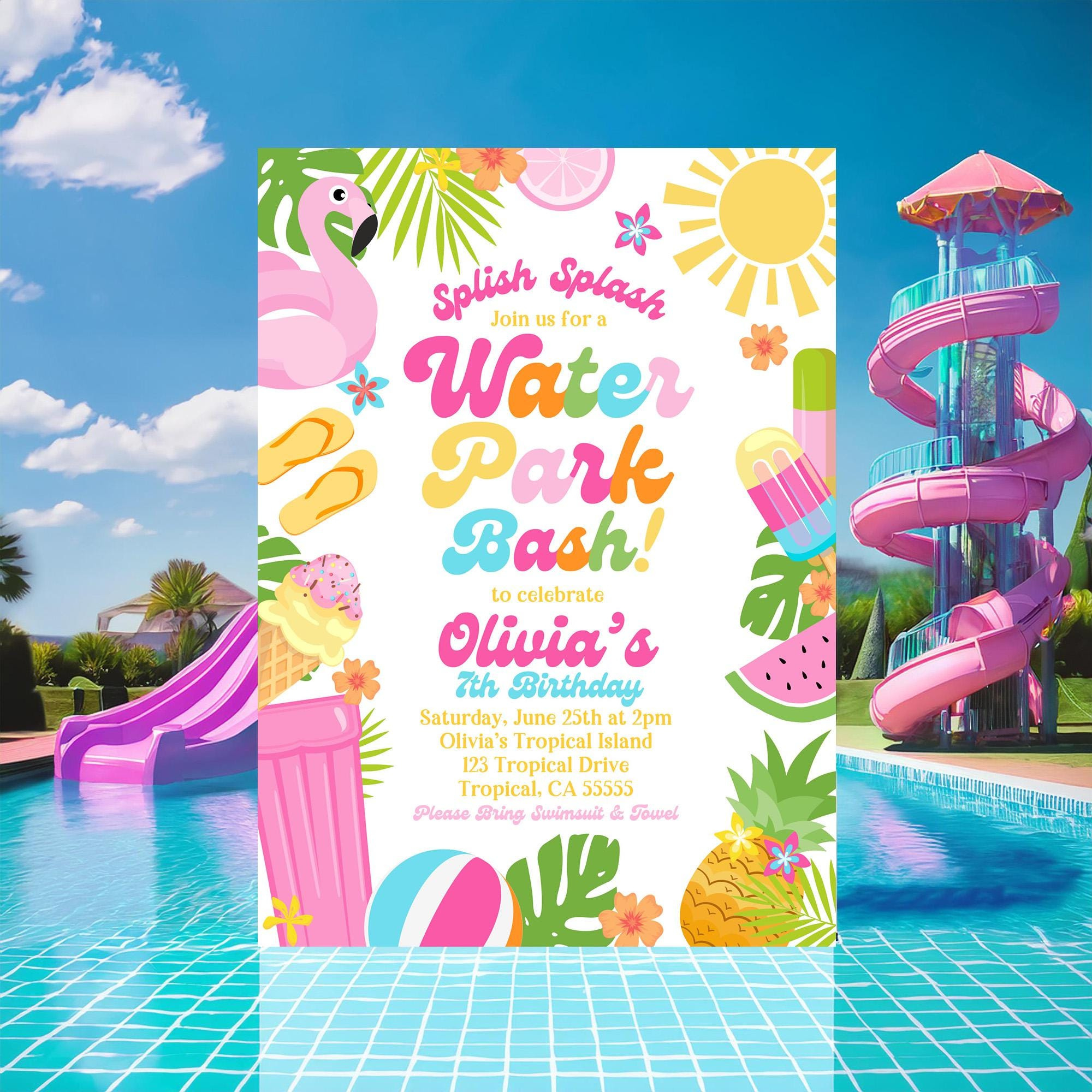 Editable Water Park Birthday Party Invitation Tropical Splish within Free Printable Water Park Birthday Invitations