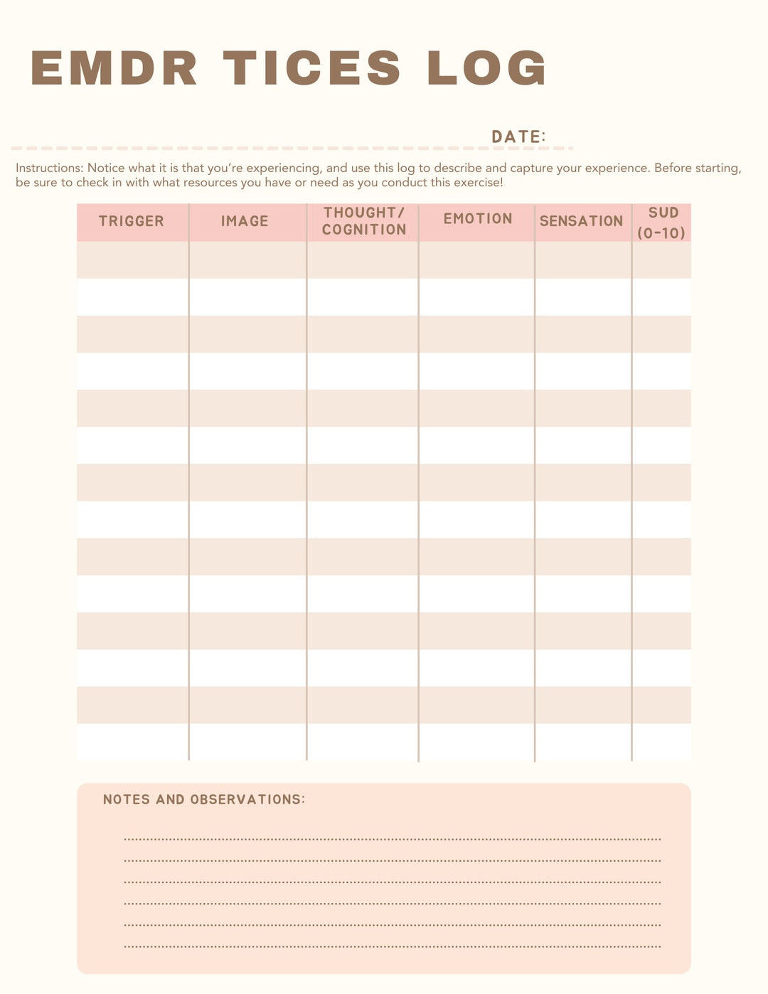 Emdr Tices Log:trigger, Bild, Kewußtsein, Emotion, Sensation pertaining to Free Printable Sud