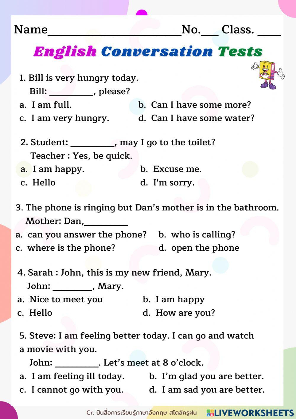 English Conversation Tests1 Worksheet | Live Worksheets intended for Free Printable English Conversation Worksheets