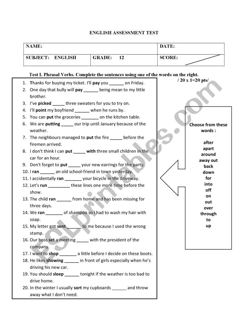 English Language Assessment Test - Esl Worksheetceglencarmen with Free Esl Assessment Test Printable