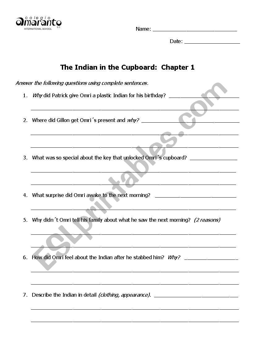 English Worksheets: The Indian In The Cupboard Comprehension within Indian In The Cupboard Free Printable Worksheets