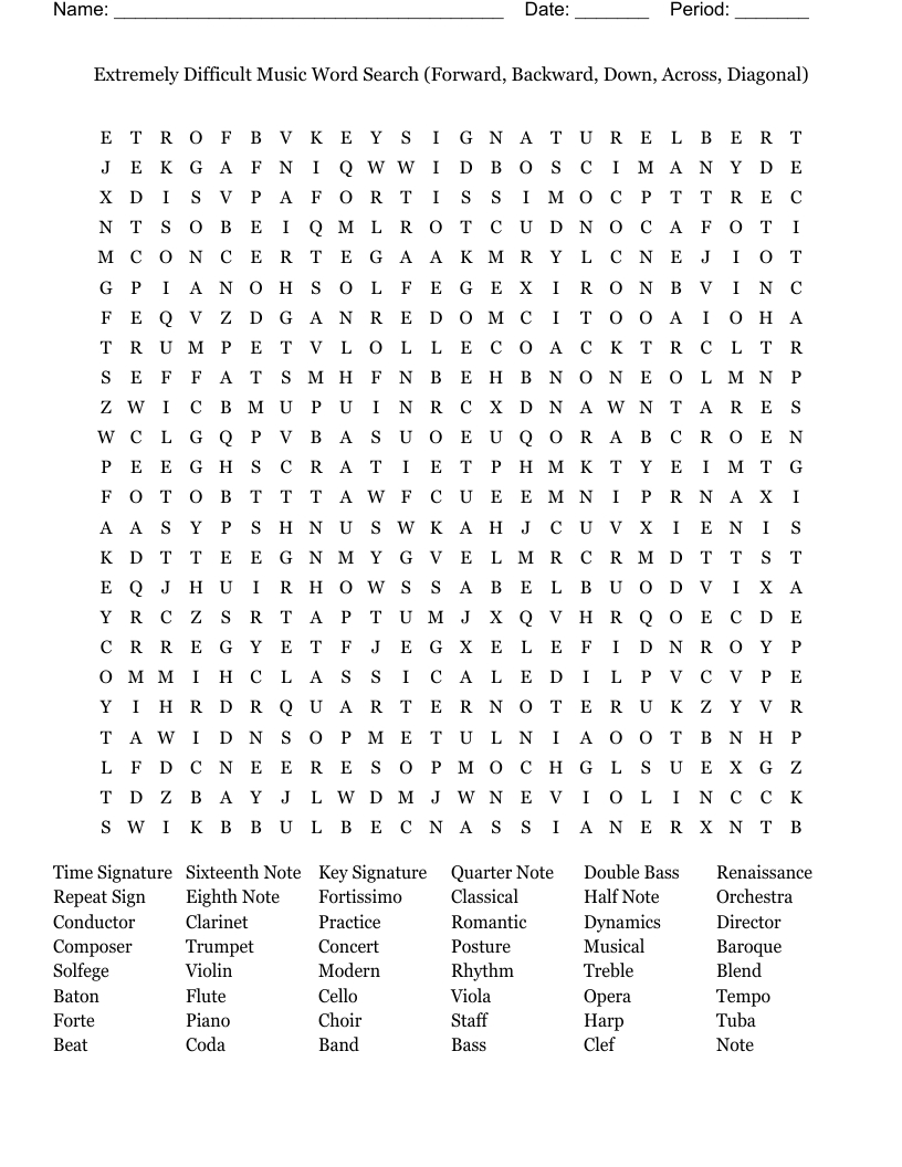 Extremely Difficult Music Word Search (Forward, Backward, Down regarding Free Printable Music Word Searches